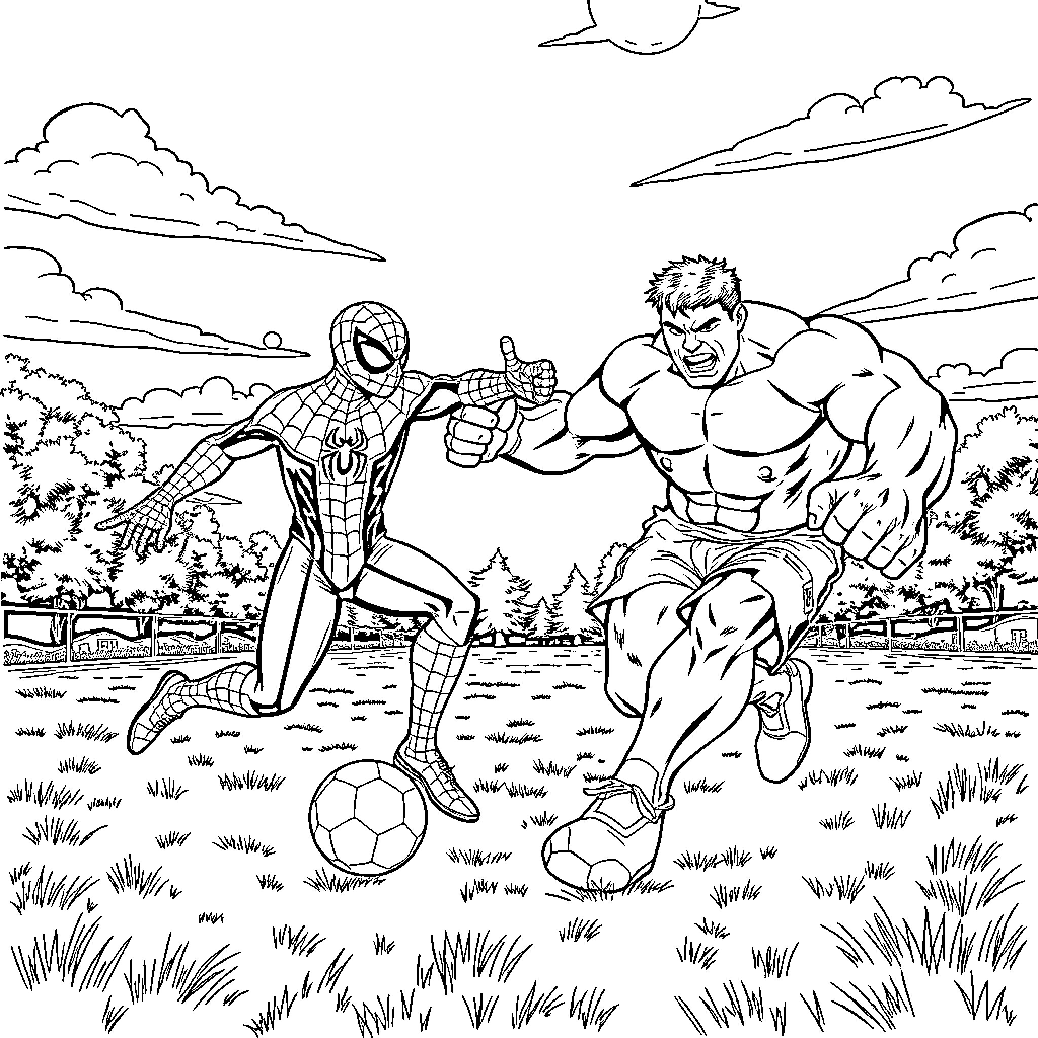 Spiderman and Hulk playing soccer in the park Coloring Page (free black-and-white line drawing printable PDF for all, from beginners to advanced learners, including children, teens, adults, and seniors)