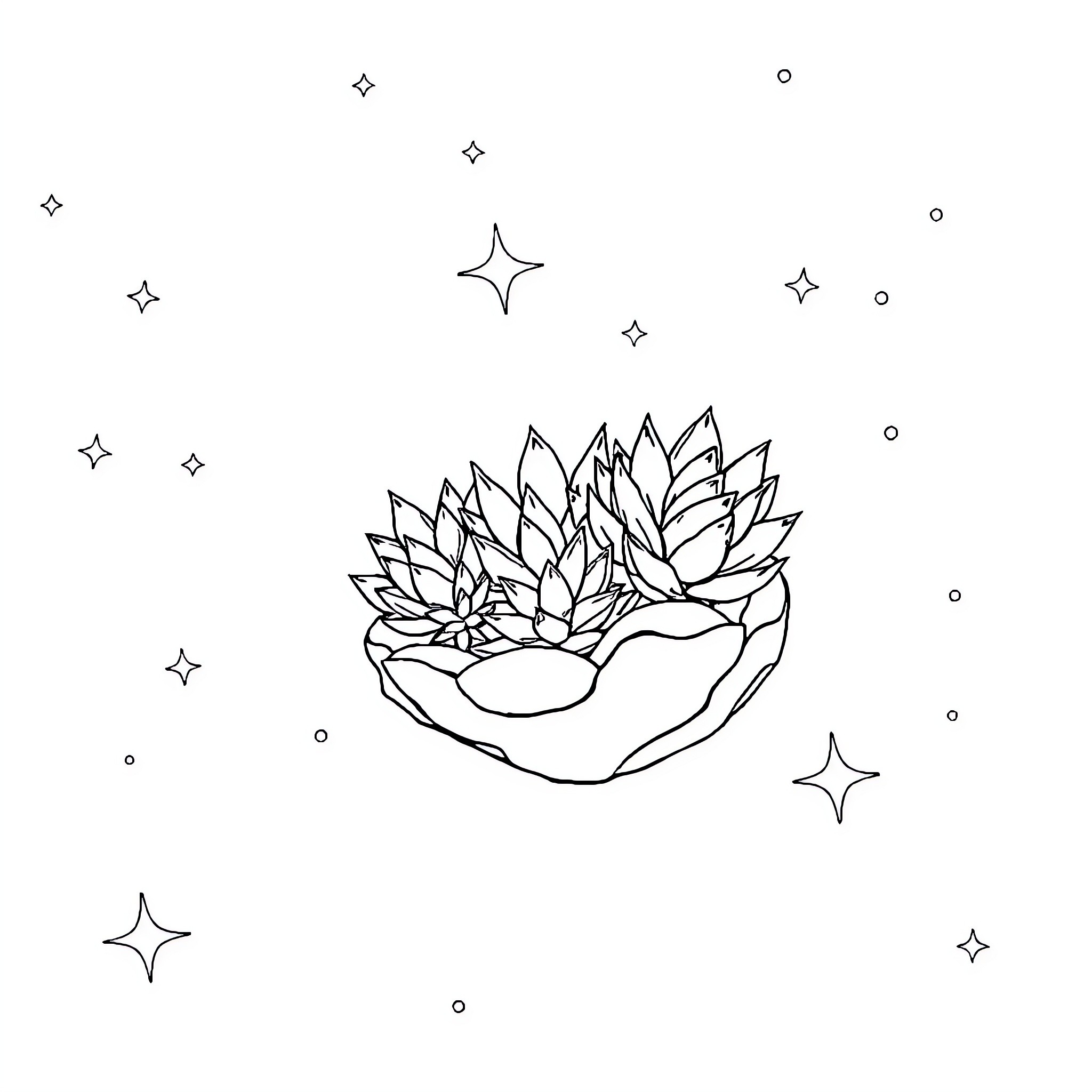 Succulent plants in a hand-shaped container with stars Coloring Page (free black-and-white line drawing printable PDF for all, from beginners to advanced learners, including children, teens, adults, and seniors)