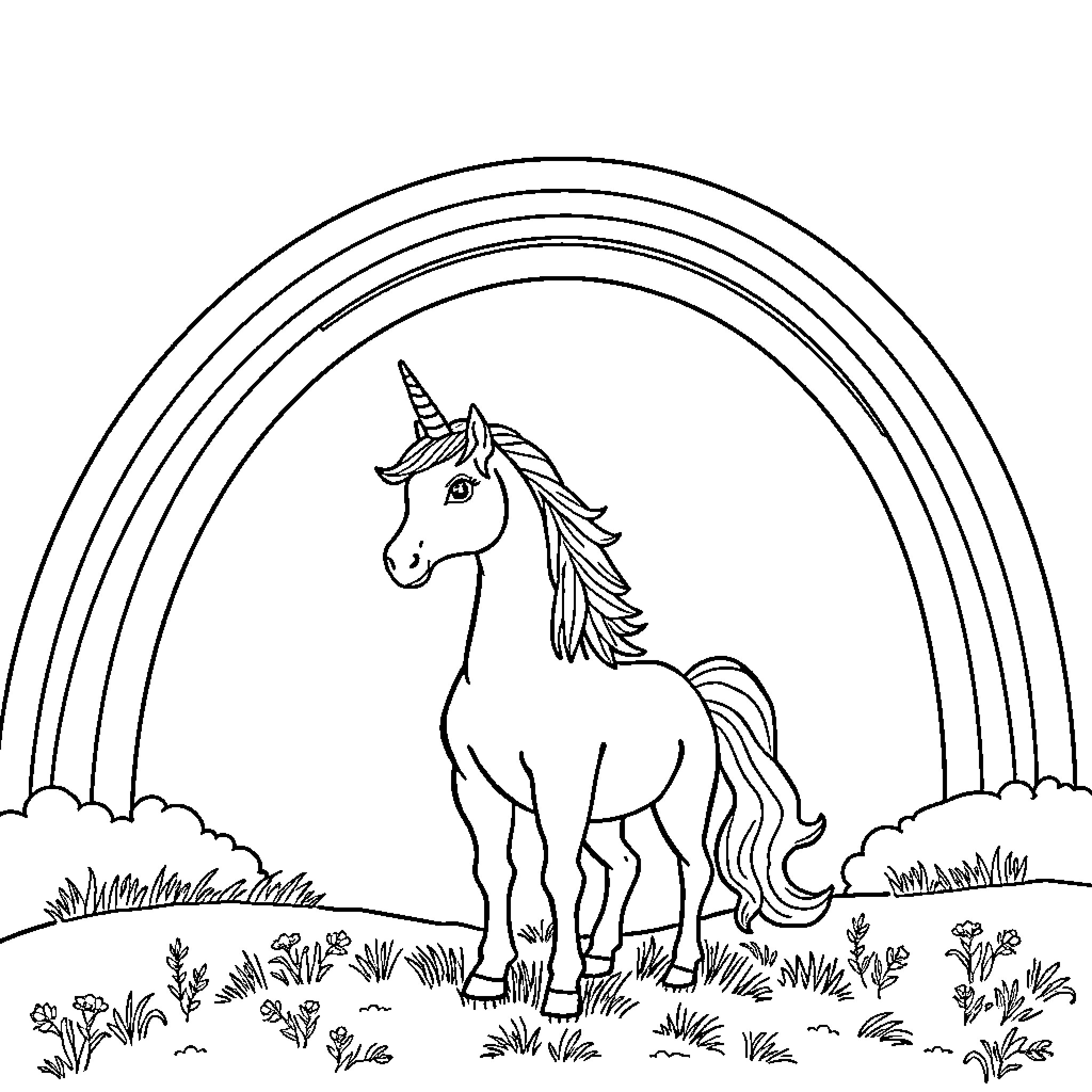 Unicorn standing in a magical meadow Coloring Page (free black-and-white line drawing printable PDF for all, from beginners to advanced learners, including children, teens, adults, and seniors)