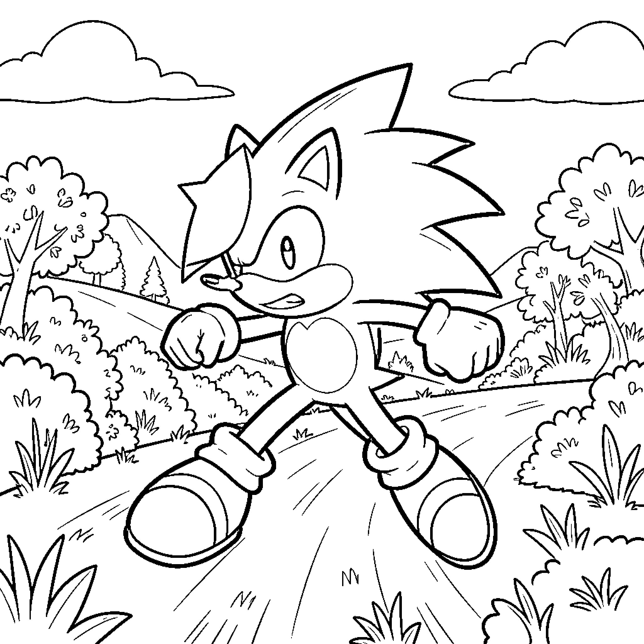 Sonic sprinting dynamically through the forest landscape Coloring Page (free black-and-white line drawing printable PDF for all, from beginners to advanced learners, including children, teens, adults, and seniors)