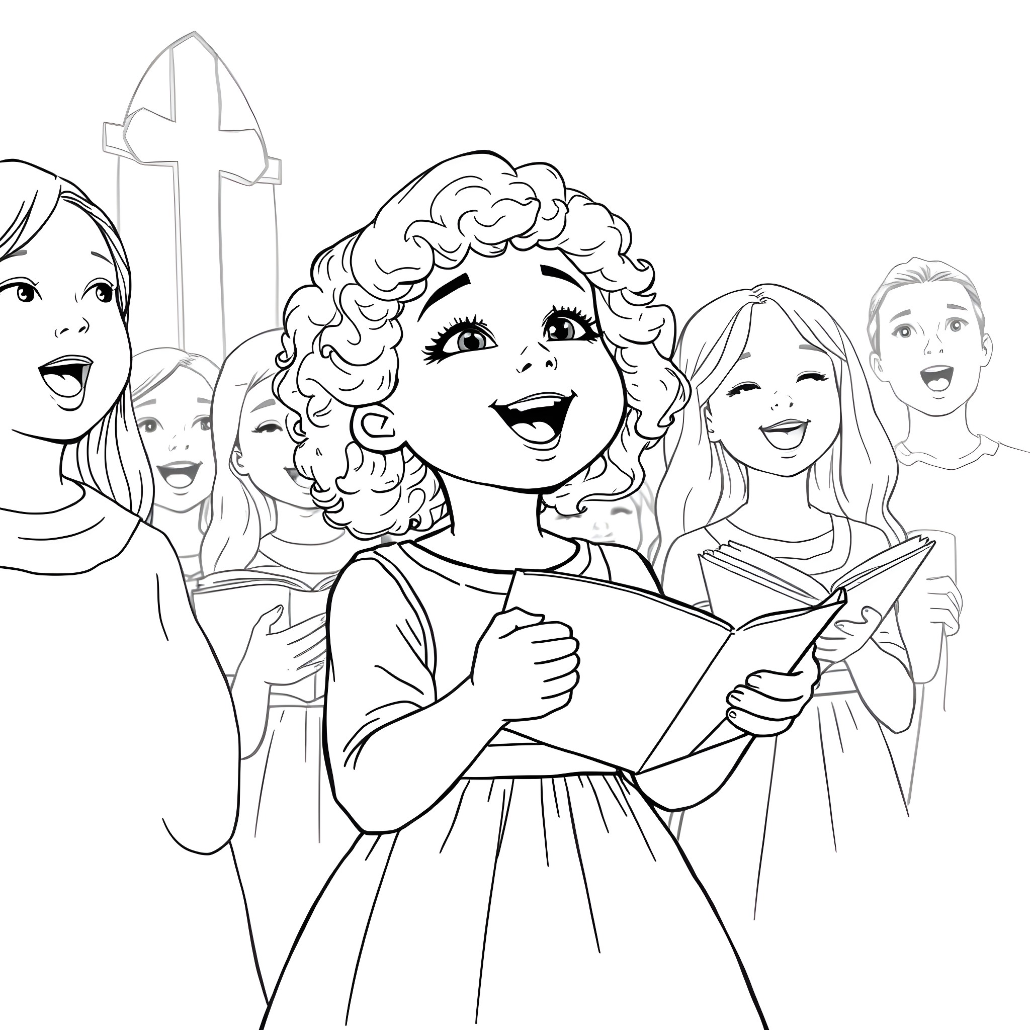 Girls joyfully singing in a choir Coloring Page (free black-and-white line drawing printable PDF for all, from beginners to advanced learners, including children, teens, adults, and seniors)