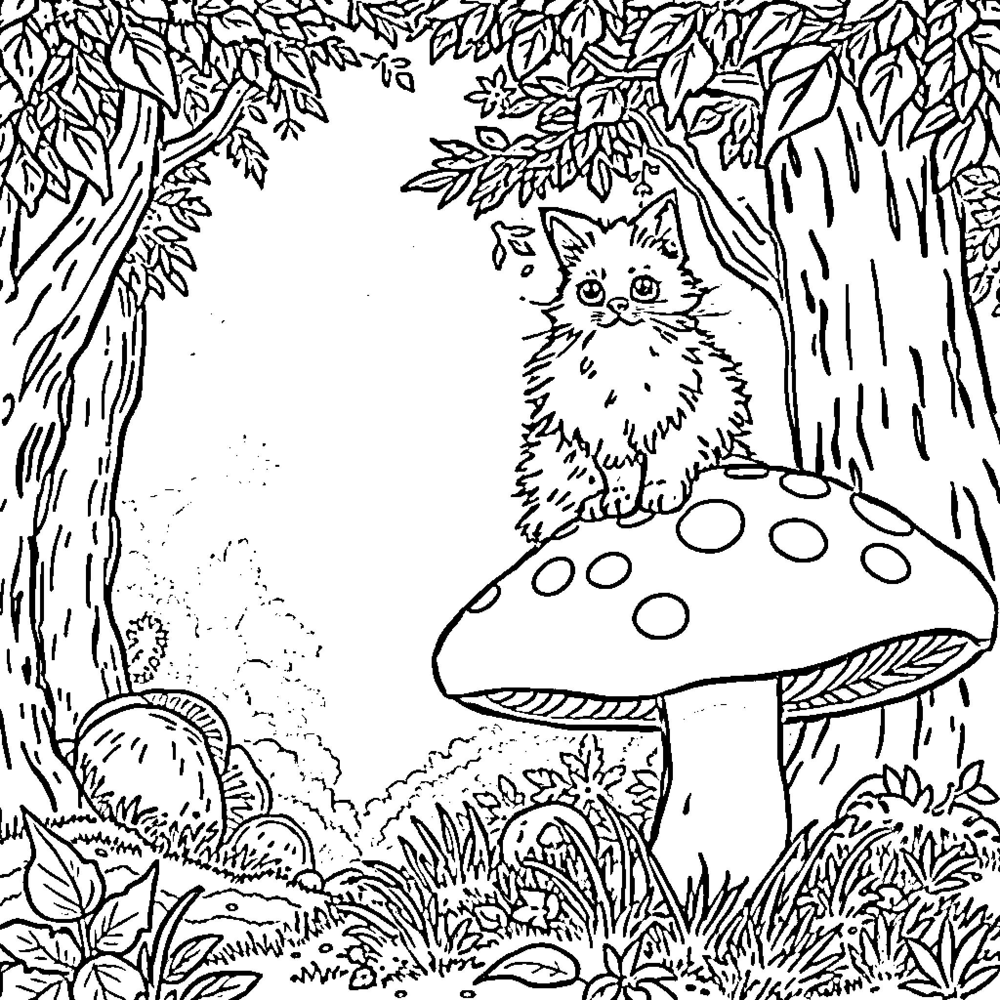 Cat Exploring Enchanted Forest Coloring Page (free black-and-white line drawing printable PDF for all, from beginners to advanced learners, including children, teens, adults, and seniors)