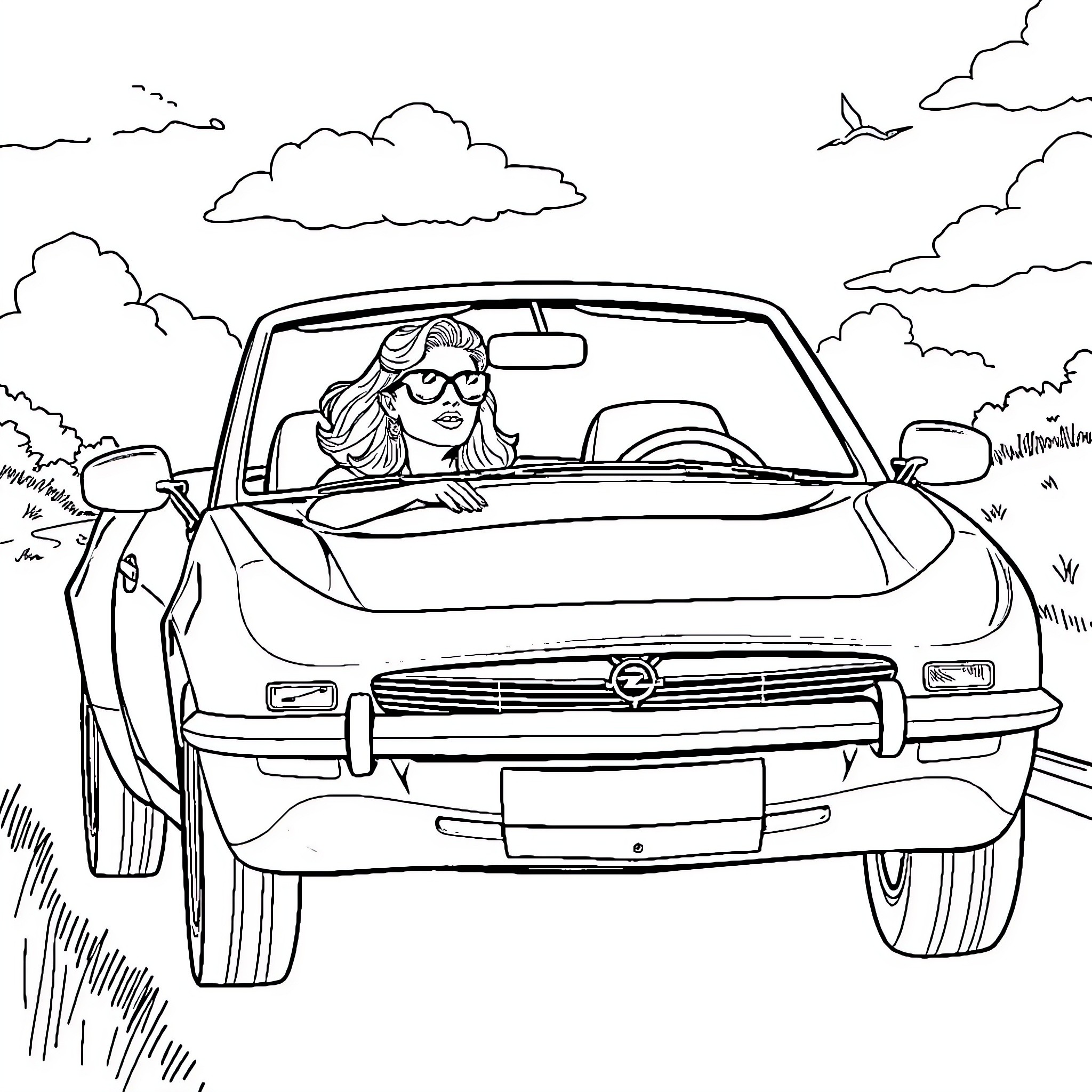 Chick driving joyfully through countryside Coloring Page (free black-and-white line drawing printable PDF for all, from beginners to advanced learners, including children, teens, adults, and seniors)