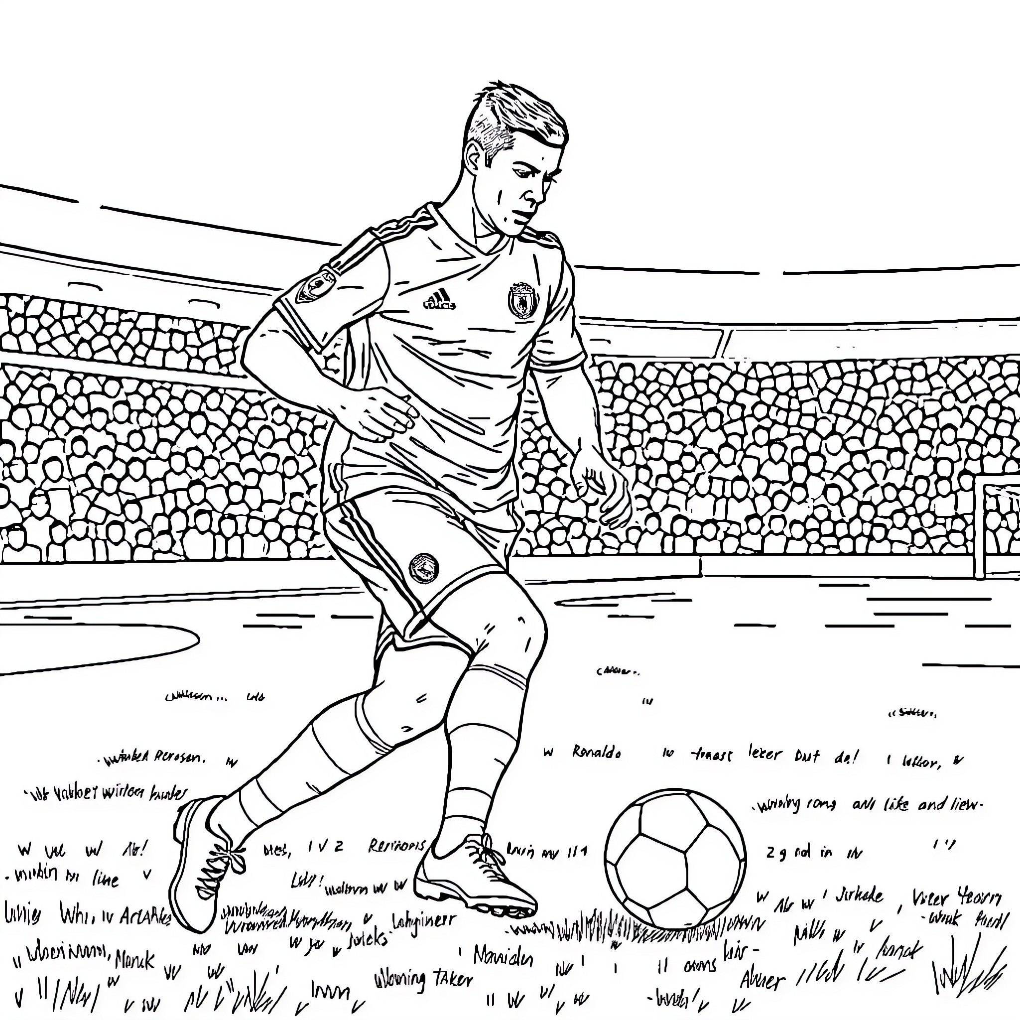 Ronaldo dribbling skillfully on the football pitch Coloring Page (free black-and-white line drawing printable PDF for all, from beginners to advanced learners, including children, teens, adults, and seniors)
