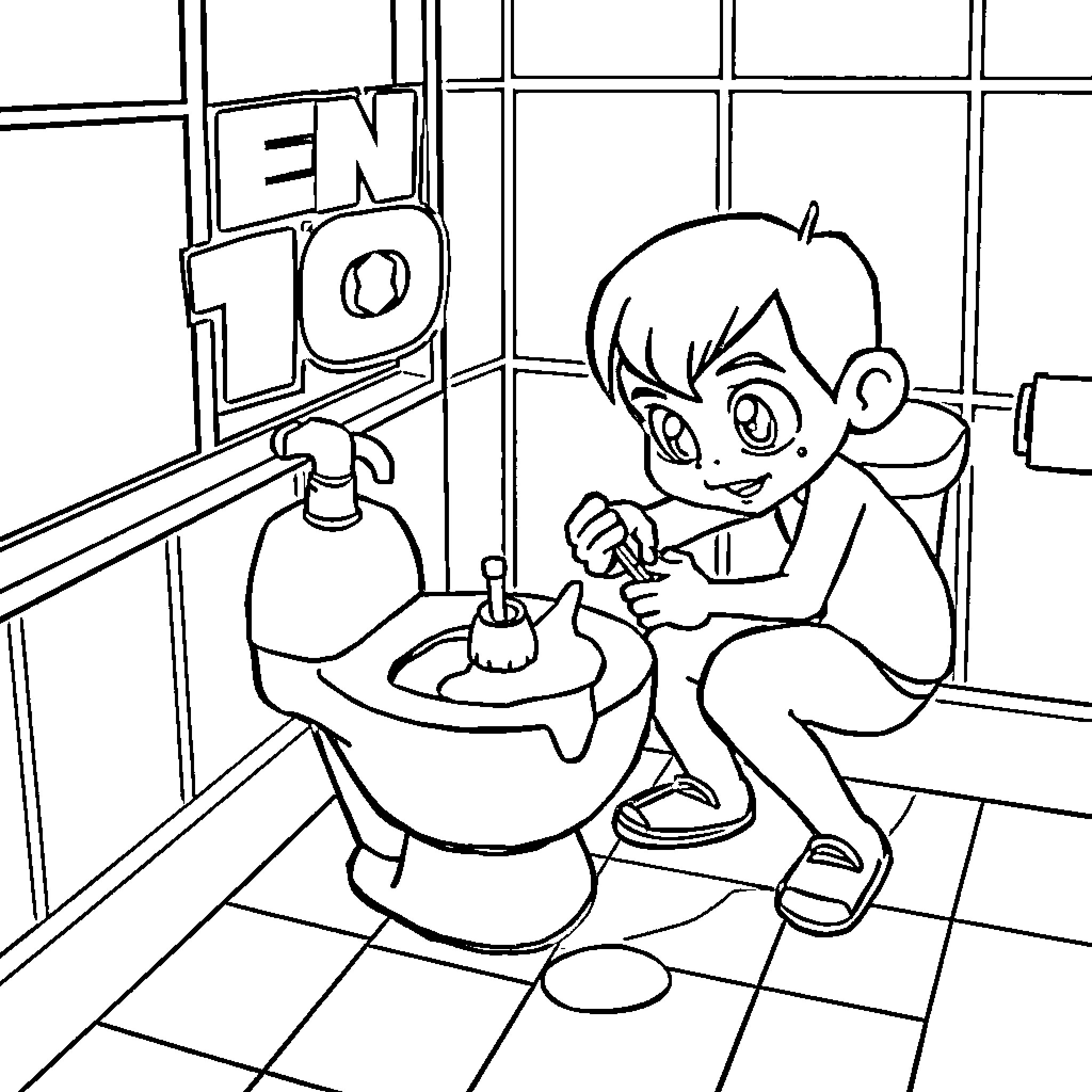 Ben10 Playing with Gadgets in Lab Coloring Page (free black-and-white line drawing printable PDF for all, from beginners to advanced learners, including children, teens, adults, and seniors)