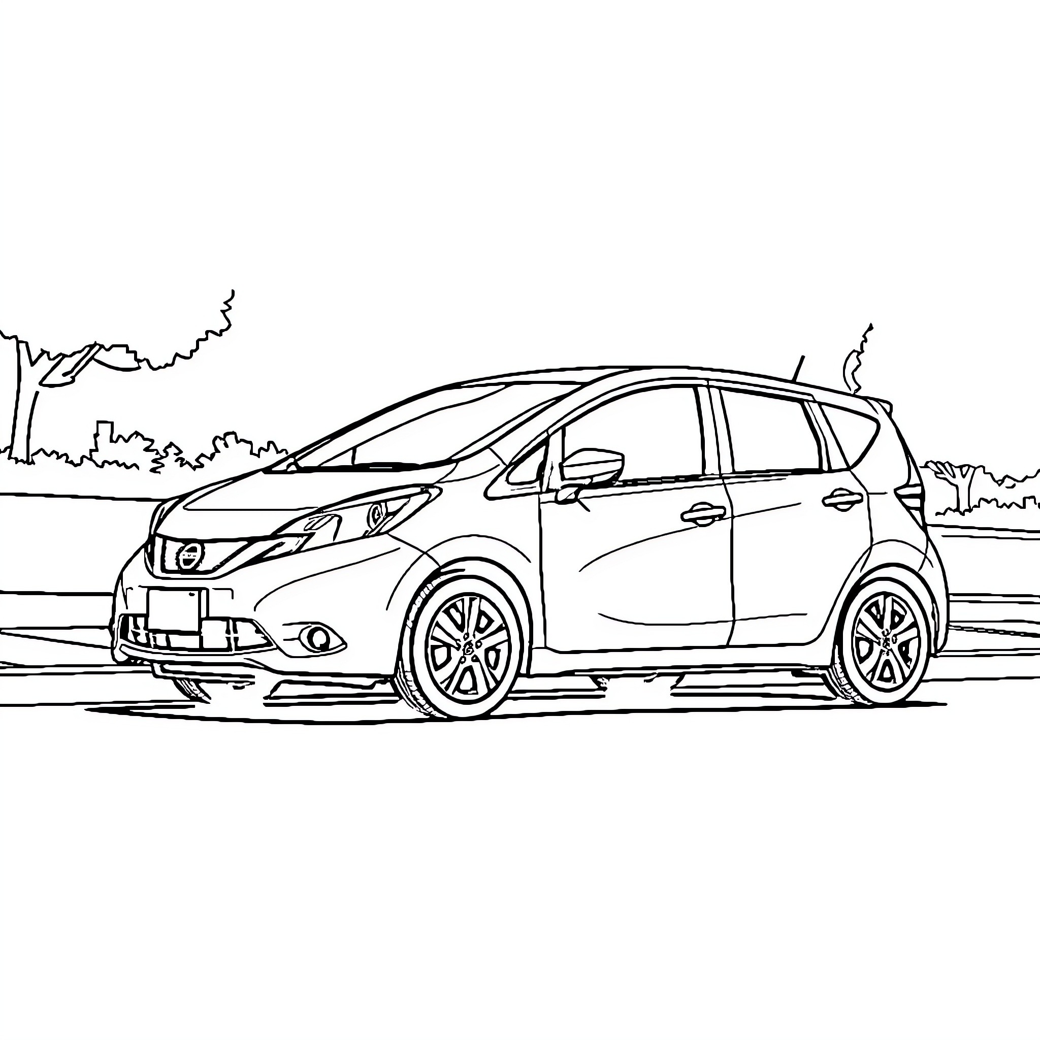 Nissan Note parked in a scenic outdoor setting Coloring Page (free black-and-white line drawing printable PDF for all, from beginners to advanced learners, including children, teens, adults, and seniors)