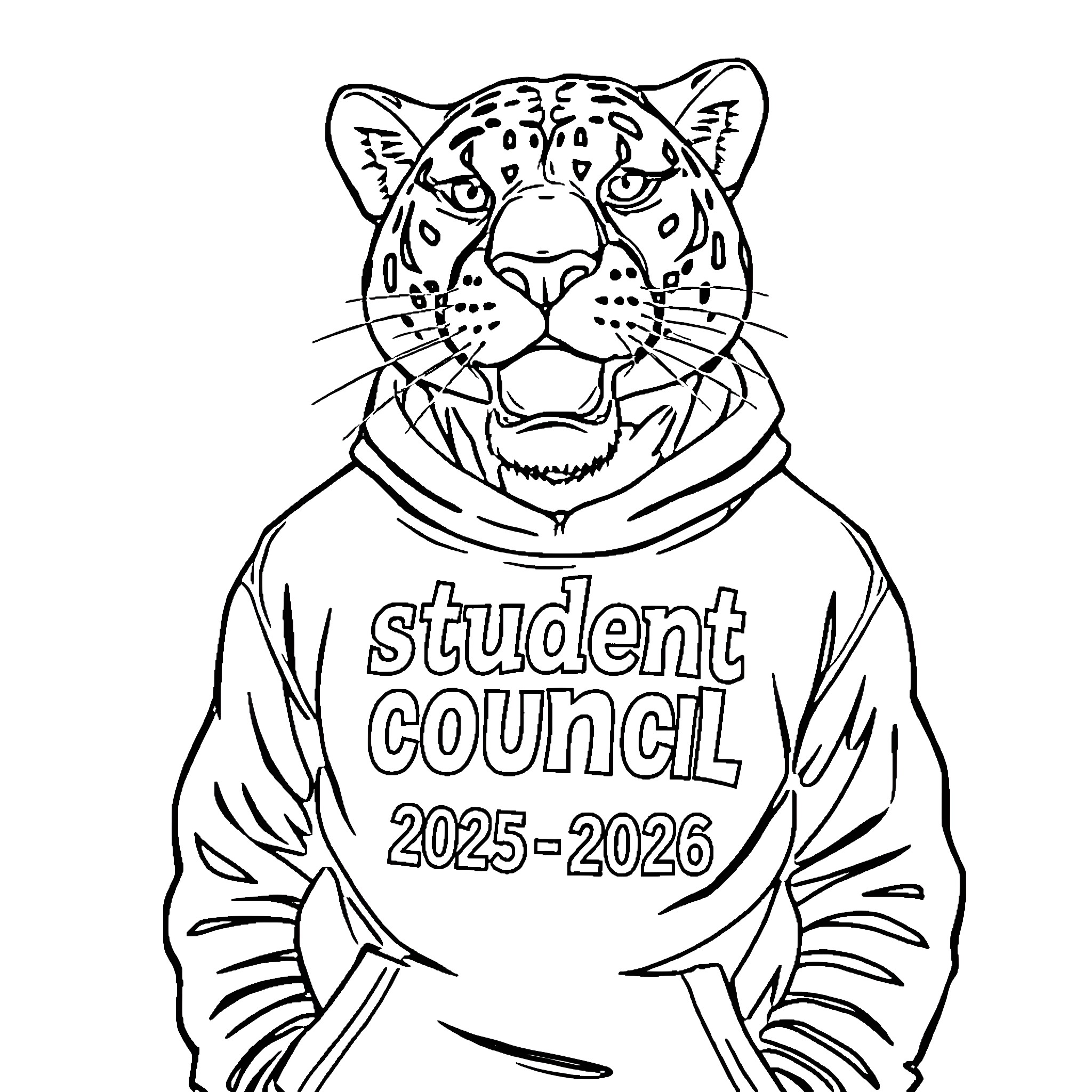 Panther in student council uniform Coloring Page (free black-and-white line drawing printable PDF for all, from beginners to advanced learners, including children, teens, adults, and seniors)