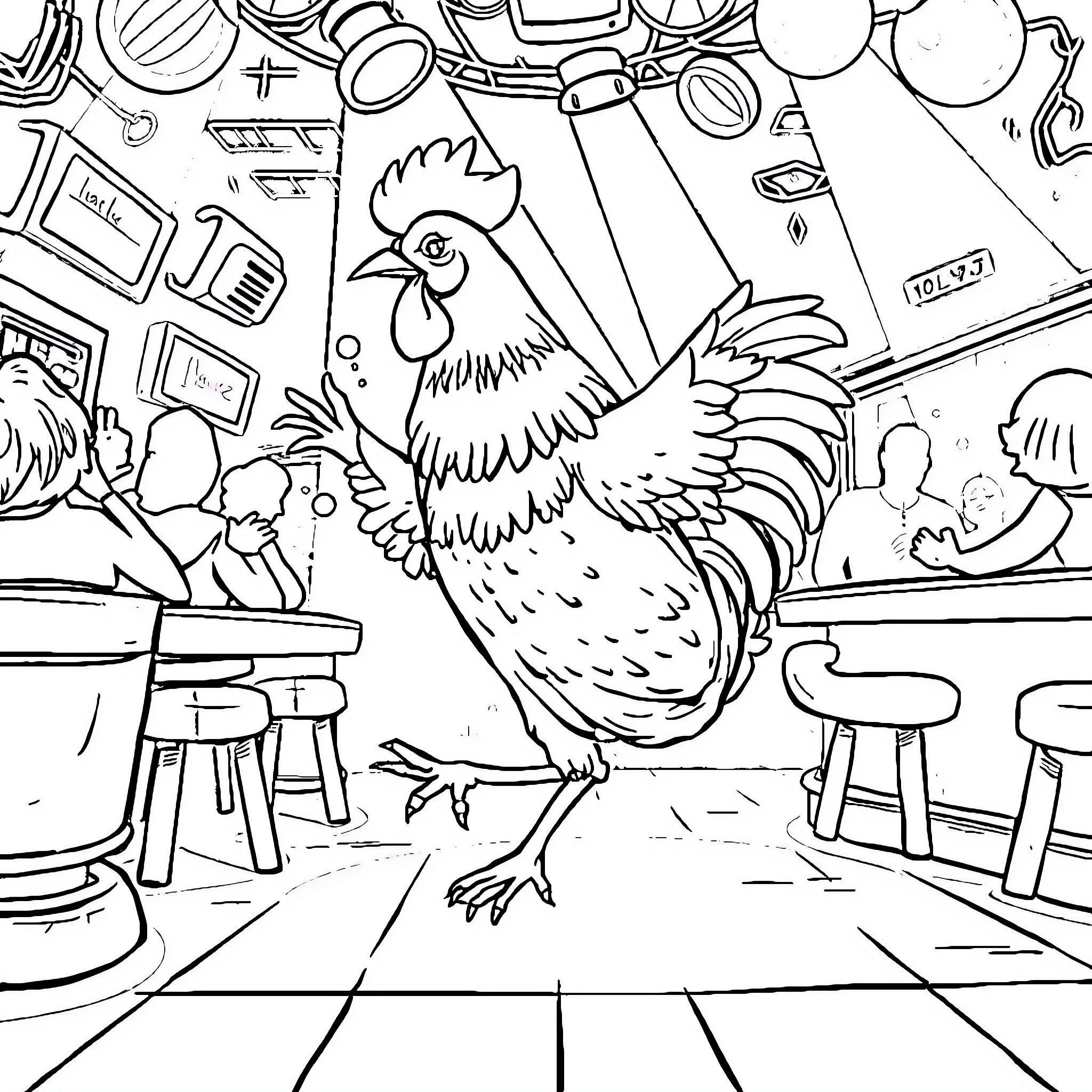 Chicken in a Busy Kitchen Setting Coloring Page (free black-and-white line drawing printable PDF for all, from beginners to advanced learners, including children, teens, adults, and seniors)