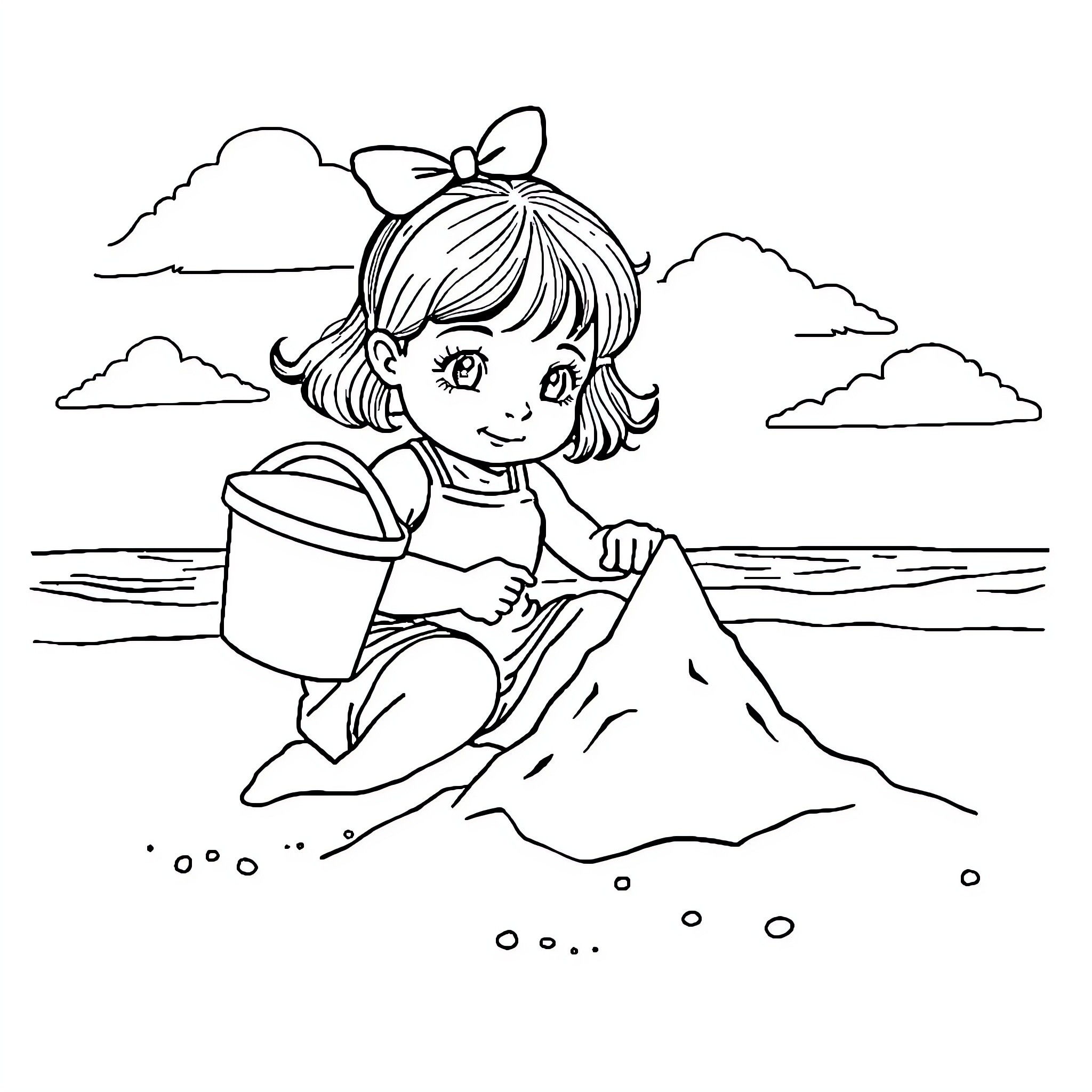 Girl playing happily at the beach Coloring Page (free black-and-white line drawing printable PDF for all, from beginners to advanced learners, including children, teens, adults, and seniors)