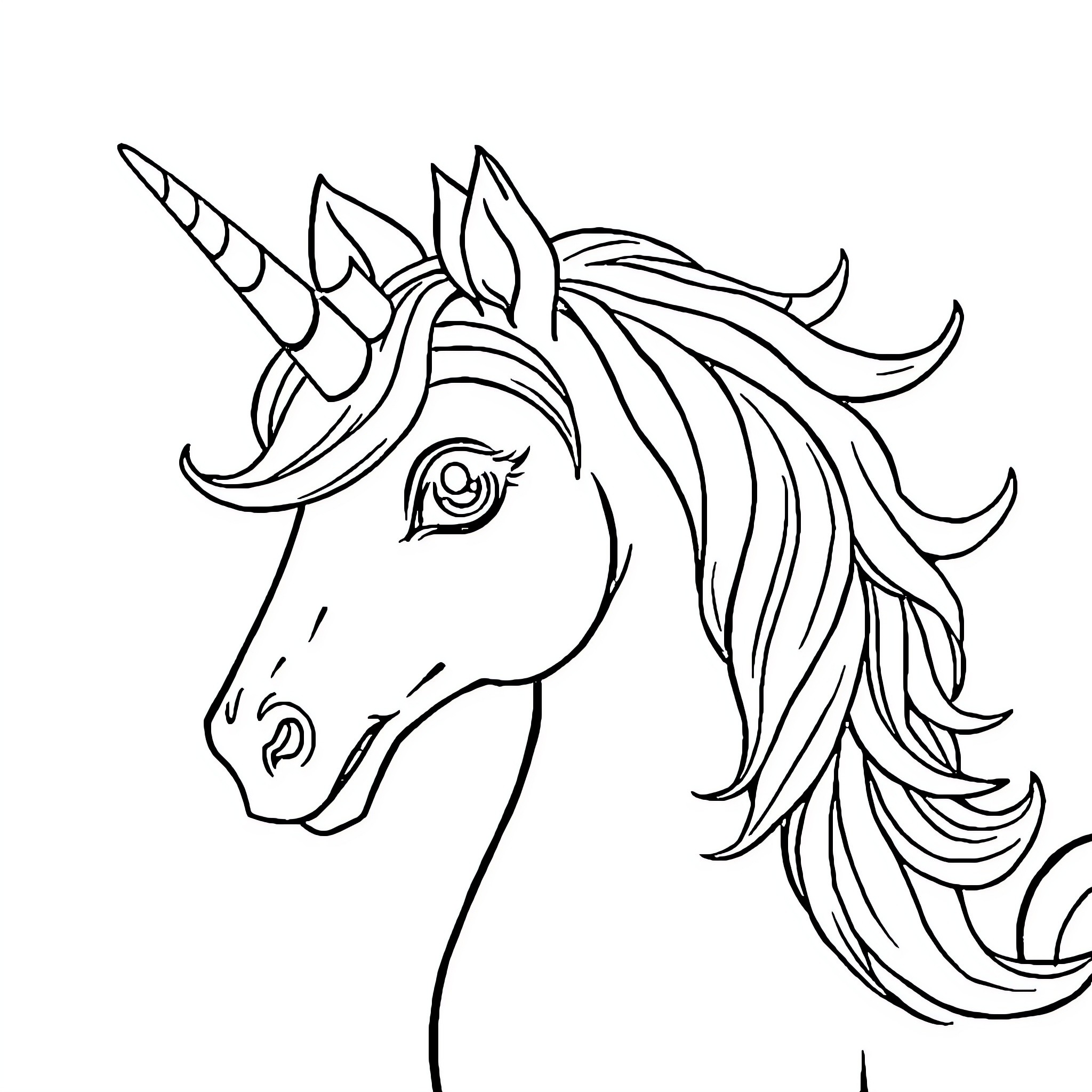 Unicorn with flowing mane and horn Coloring Page (free black-and-white line drawing printable PDF for all, from beginners to advanced learners, including children, teens, adults, and seniors)