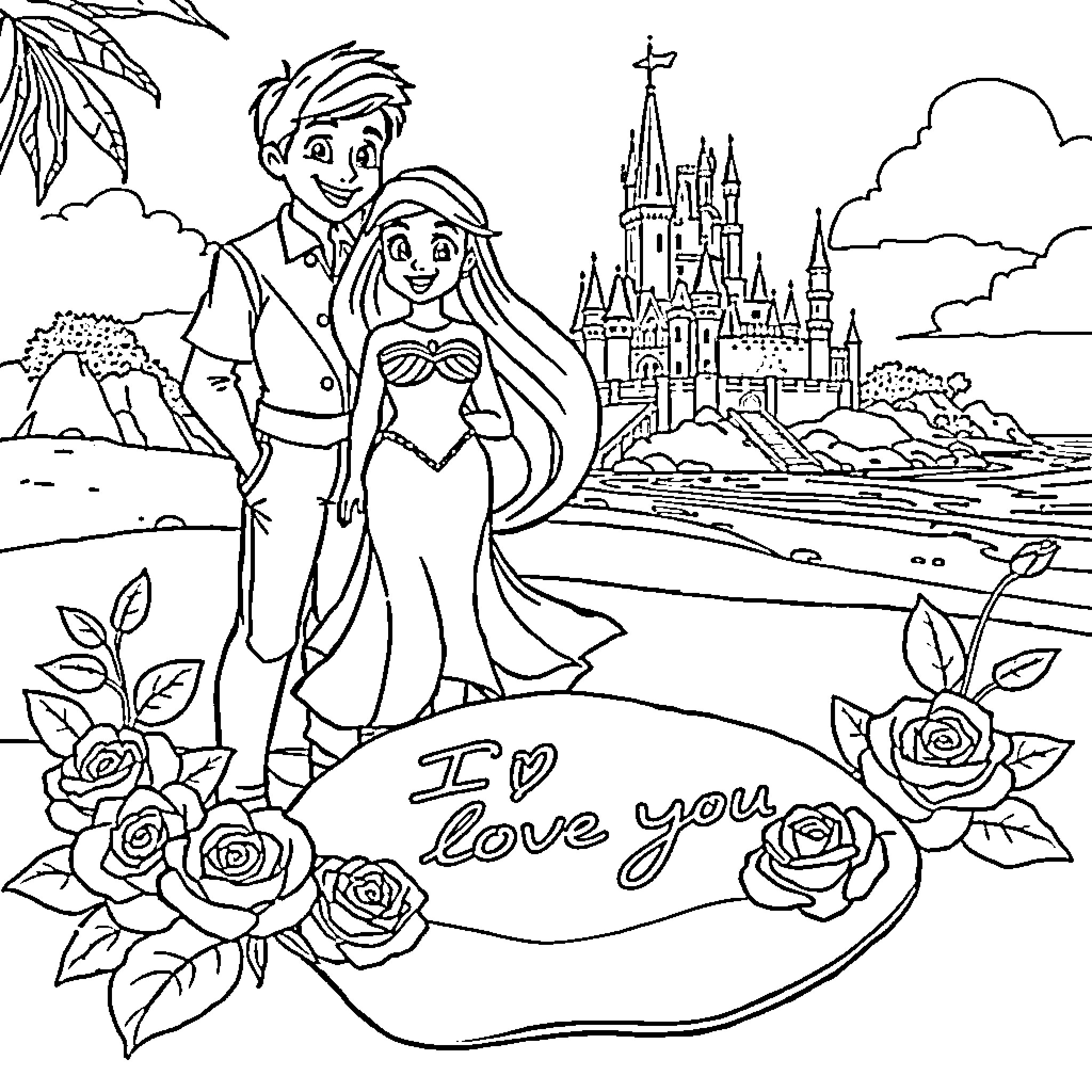 Mermaid couple's romantic adventure in a fairytale landscape Coloring Page (free black-and-white line drawing printable PDF for all, from beginners to advanced learners, including children, teens, adults, and seniors)