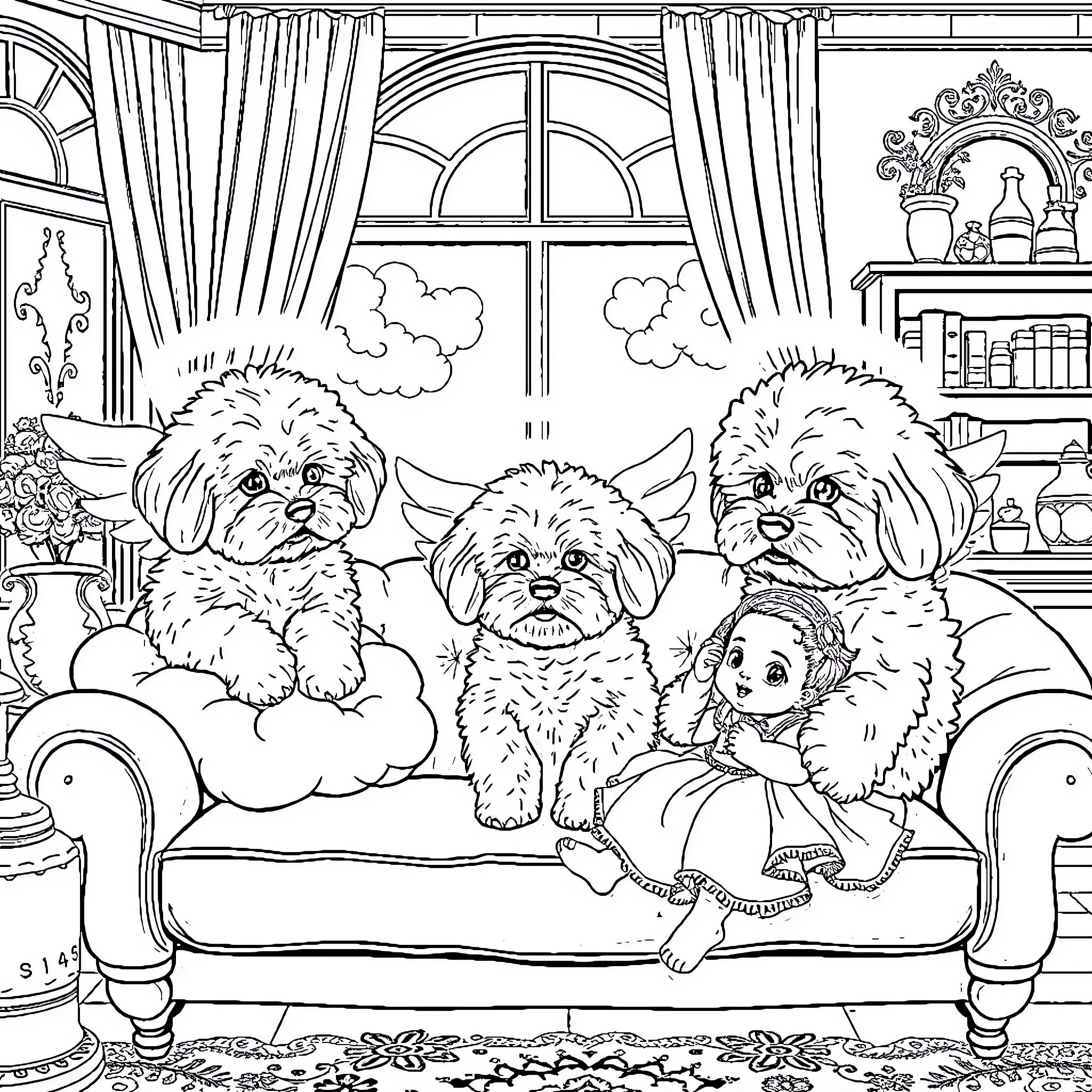 Bichon Frise puppies playing happily in a cozy room Coloring Page (free black-and-white line drawing printable PDF for all, from beginners to advanced learners, including children, teens, adults, and seniors)