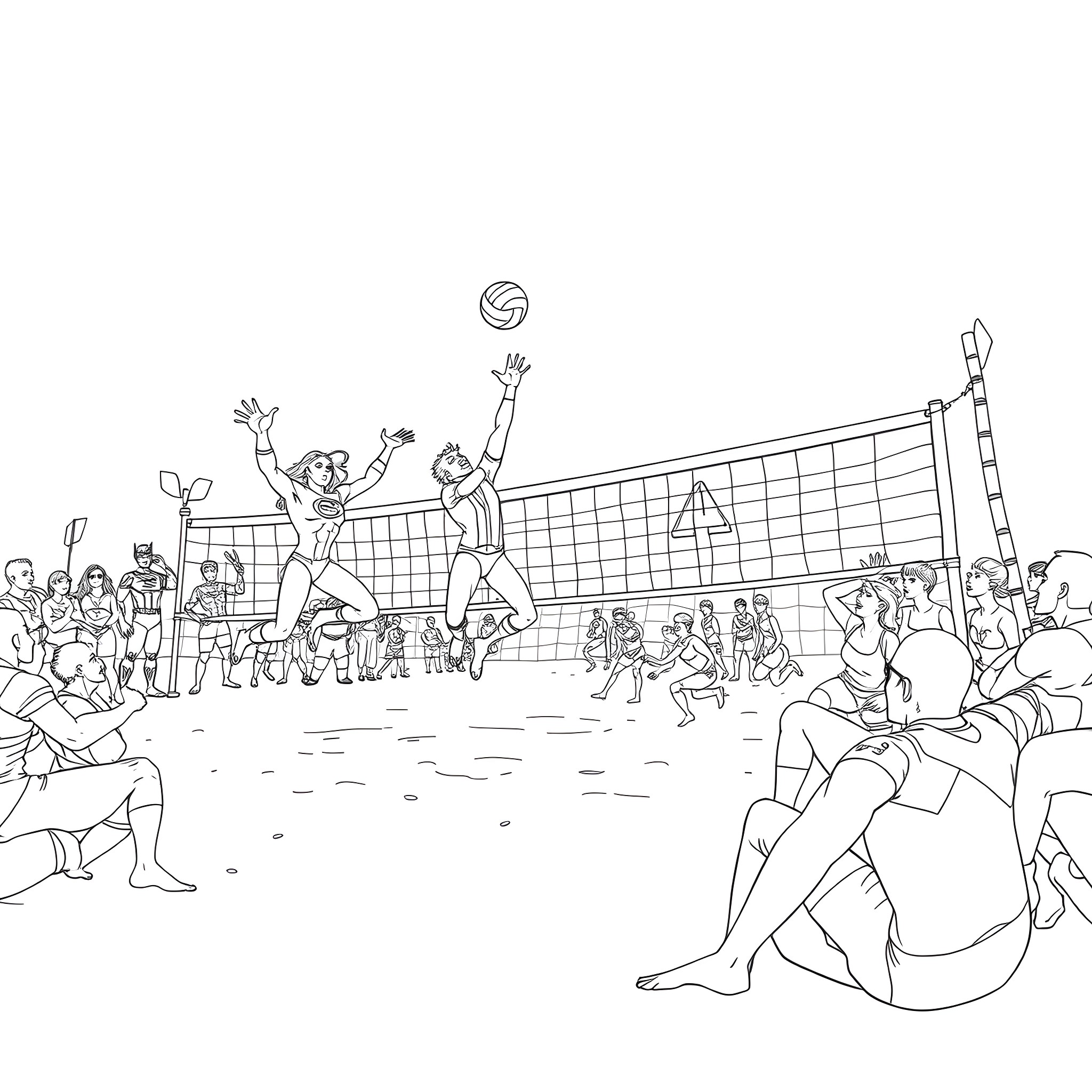 Hero volleyball players in action on the court Coloring Page (free black-and-white line drawing printable PDF for all, from beginners to advanced learners, including children, teens, adults, and seniors)