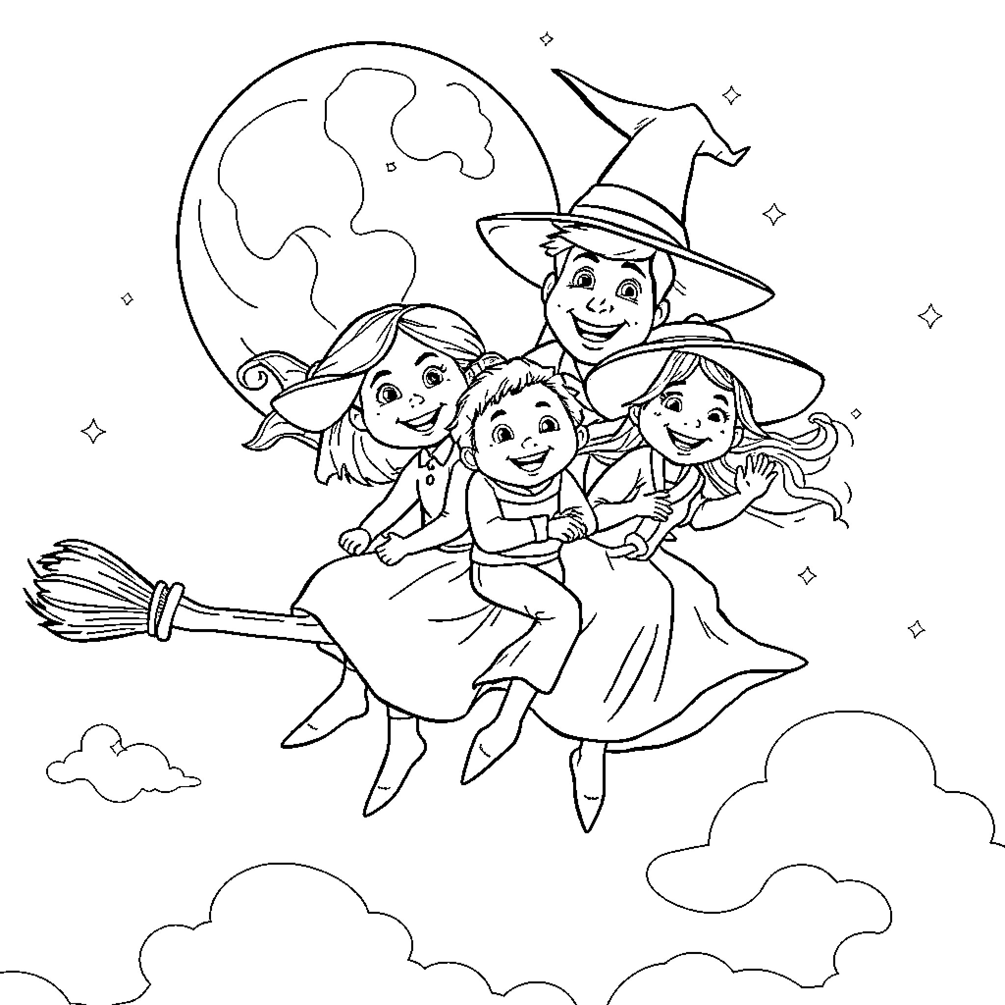 Family of young witches flying on broomsticks Coloring Page (free black-and-white line drawing printable PDF for all, from beginners to advanced learners, including children, teens, adults, and seniors)