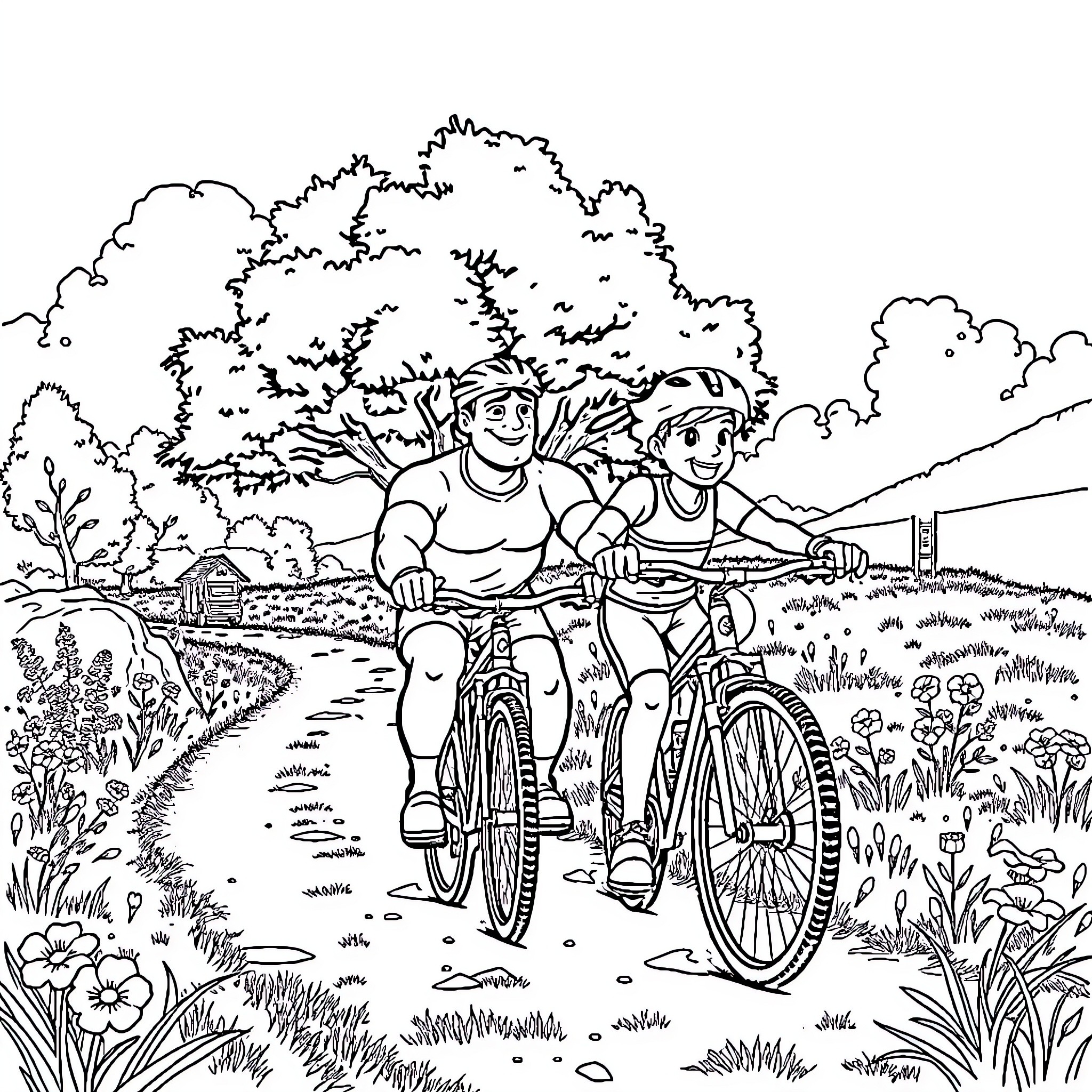 Rocky Couple Riding Bicycles in Nature Coloring Page (free black-and-white line drawing printable PDF for all, from beginners to advanced learners, including children, teens, adults, and seniors)