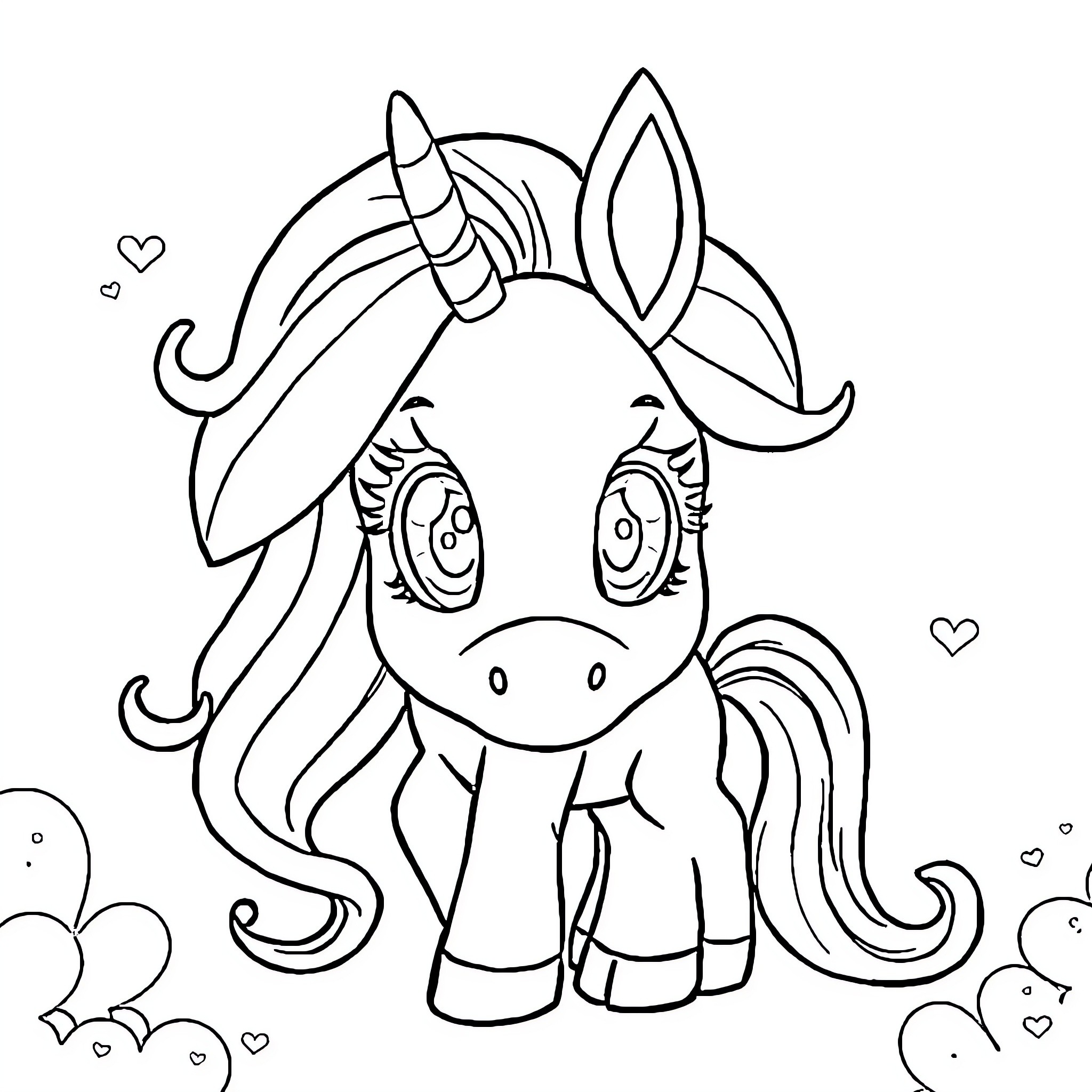 Pony unicorn with adorable expression Coloring Page (free black-and-white line drawing printable PDF for all, from beginners to advanced learners, including children, teens, adults, and seniors)