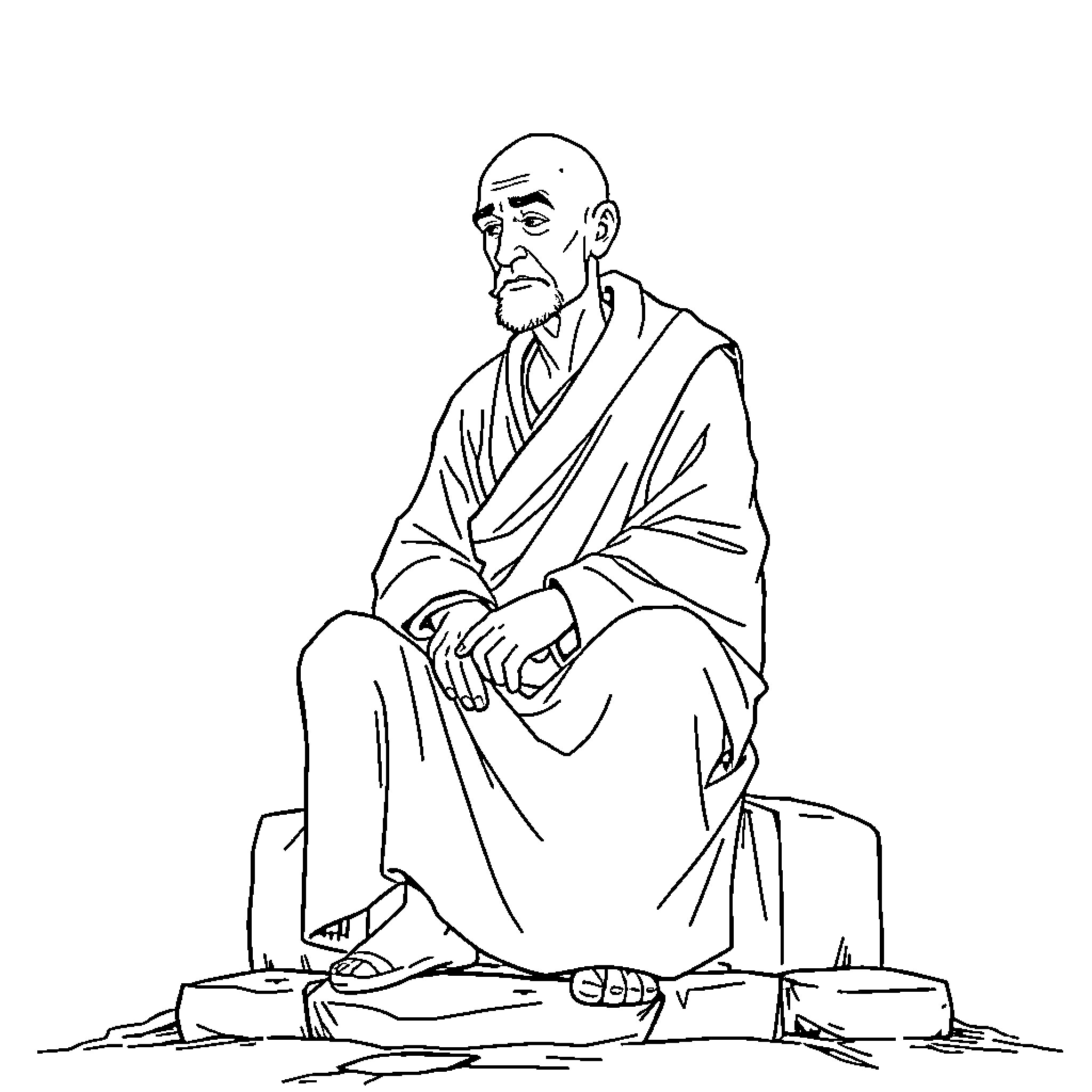 Monk in deep contemplation Coloring Page (free black-and-white line drawing printable PDF for all, from beginners to advanced learners, including children, teens, adults, and seniors)