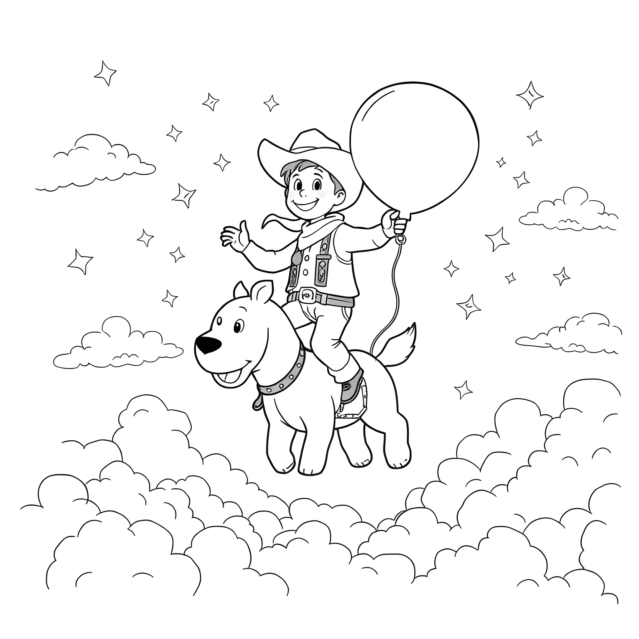 Cowboy riding a dog with a balloon in the sky Coloring Page (free black-and-white line drawing printable PDF for all, from beginners to advanced learners, including children, teens, adults, and seniors)
