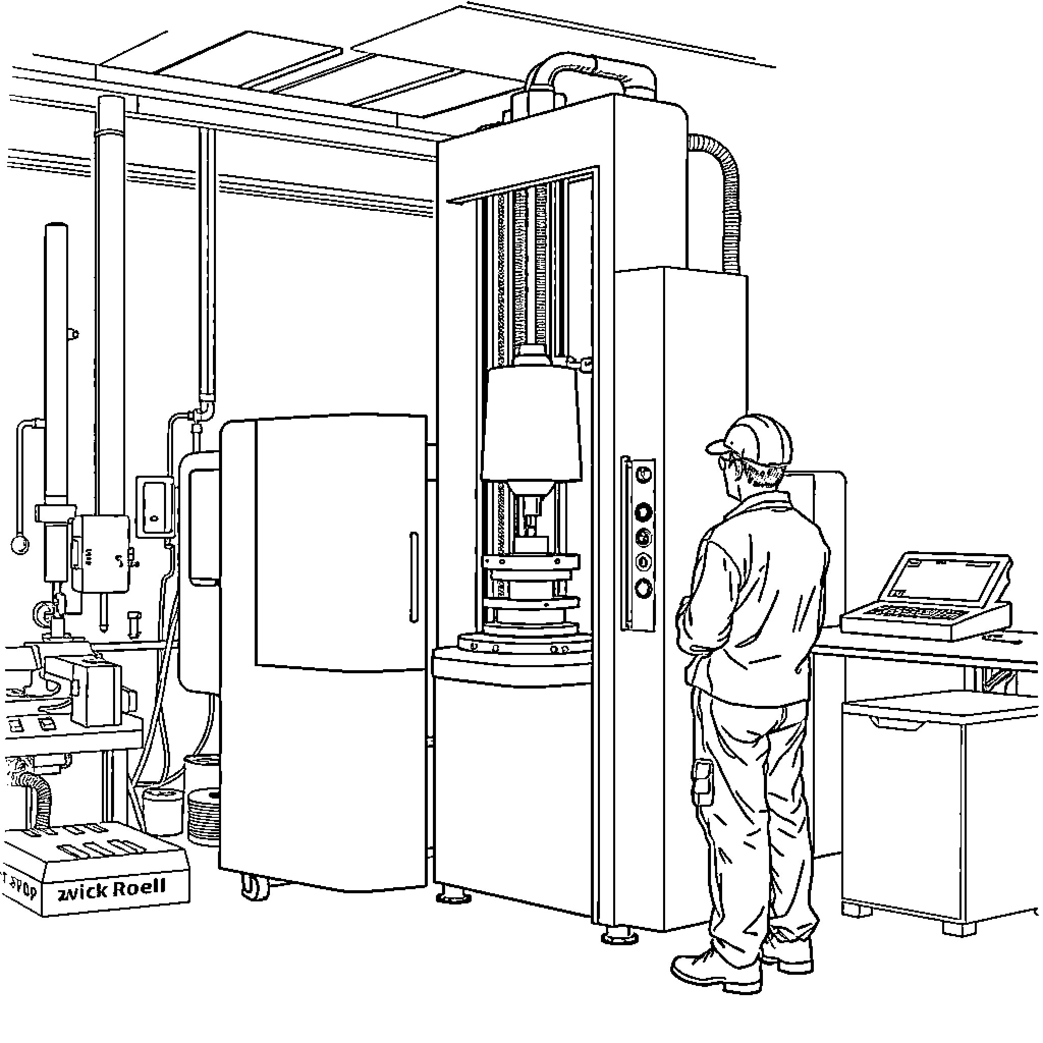 Zwick Roell equipment operation in industrial workspace Coloring Page (free black-and-white line drawing printable PDF for all, from beginners to advanced learners, including children, teens, adults, and seniors)