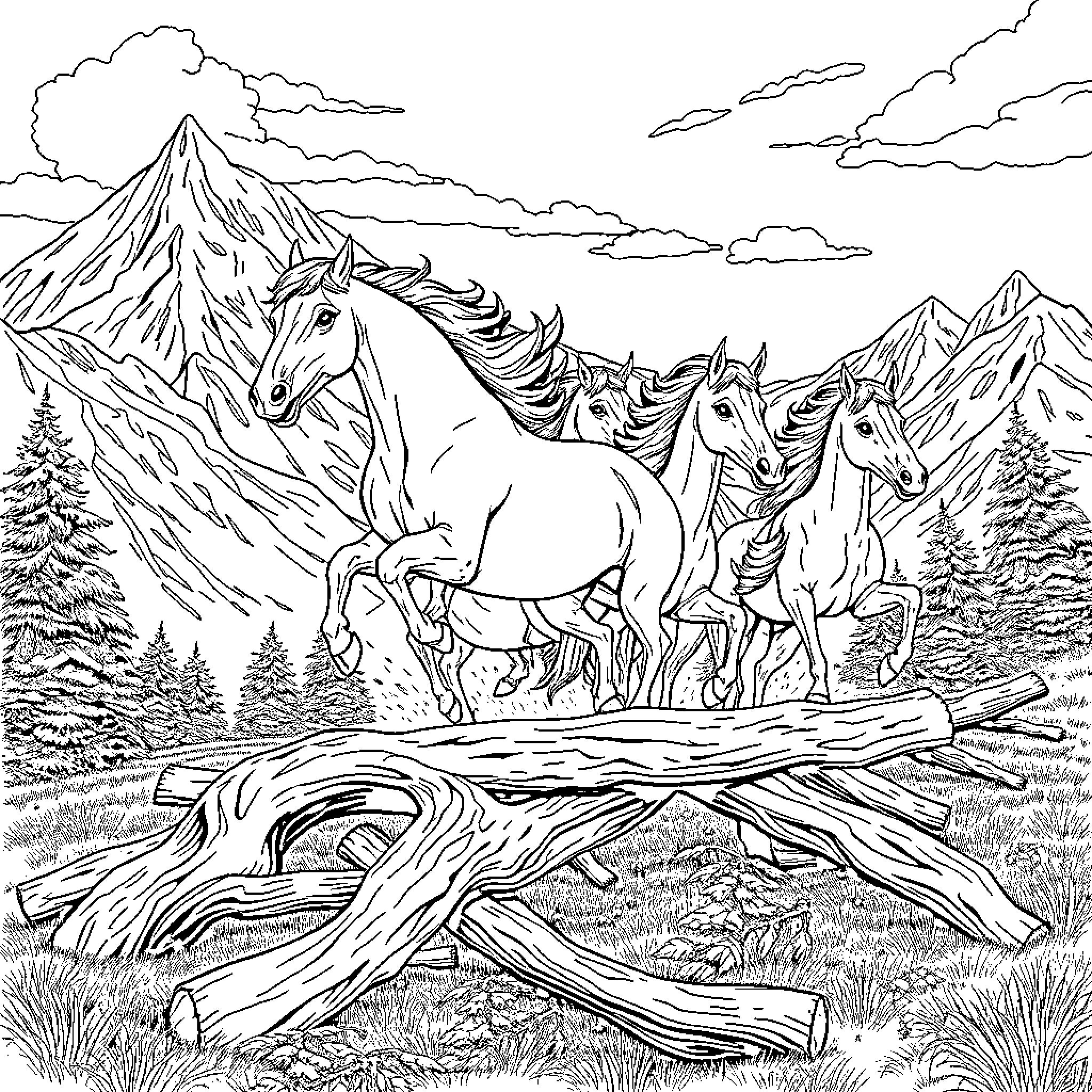Horse herd galloping through scenic mountain landscape Coloring Page (free black-and-white line drawing printable PDF for all, from beginners to advanced learners, including children, teens, adults, and seniors)