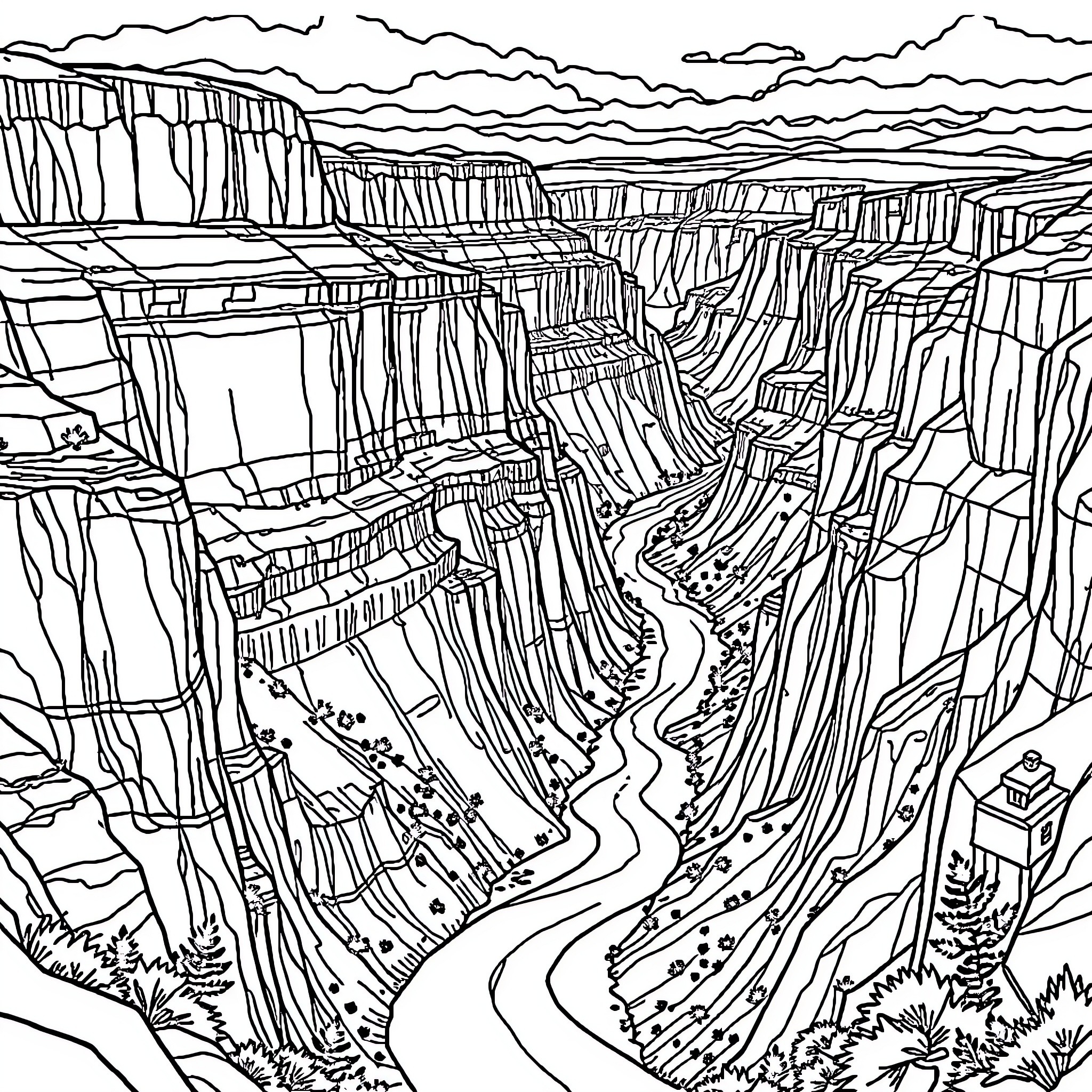 Grand Canyon Scenic Landscape with Winding Trail Coloring Page (free black-and-white line drawing printable PDF for all, from beginners to advanced learners, including children, teens, adults, and seniors)