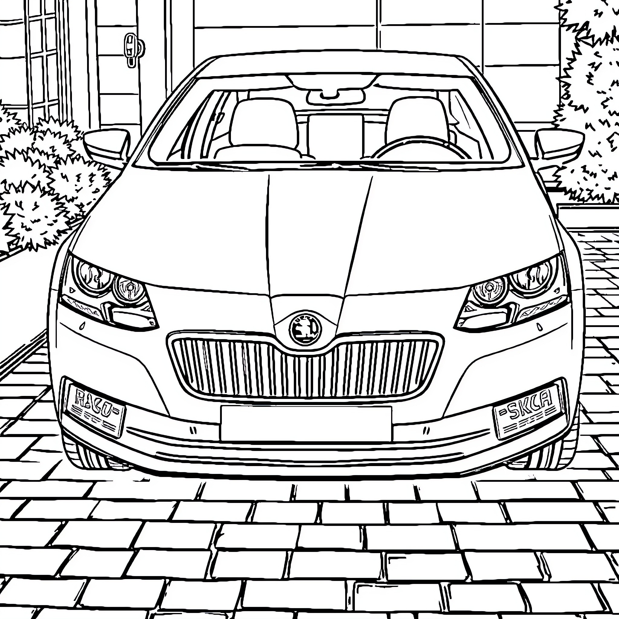 Skoda Octavia parked in front of building Coloring Page (free black-and-white line drawing printable PDF for all, from beginners to advanced learners, including children, teens, adults, and seniors)