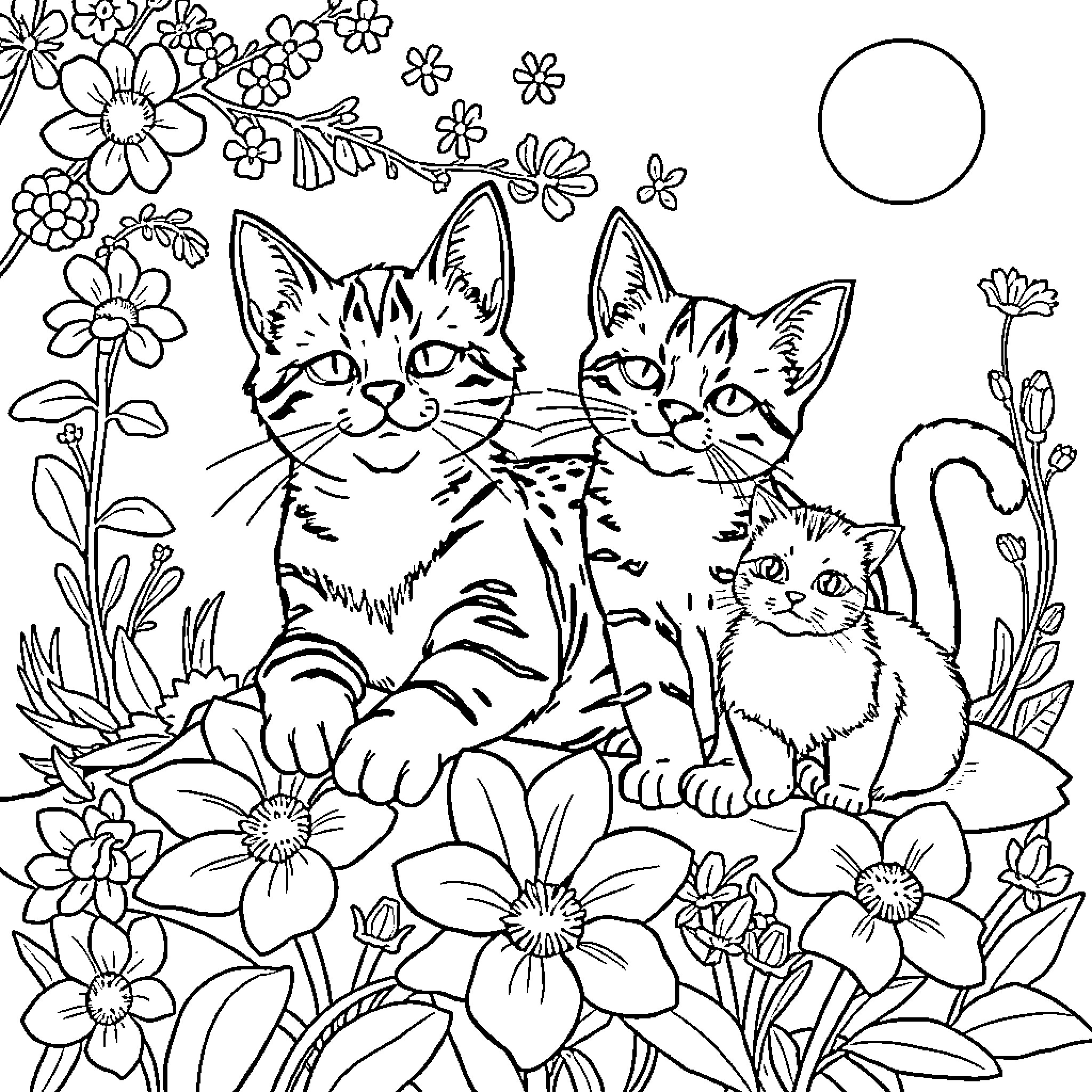 Siamese Cats in Floral Garden Coloring Page (free black-and-white line drawing printable PDF for all, from beginners to advanced learners, including children, teens, adults, and seniors)
