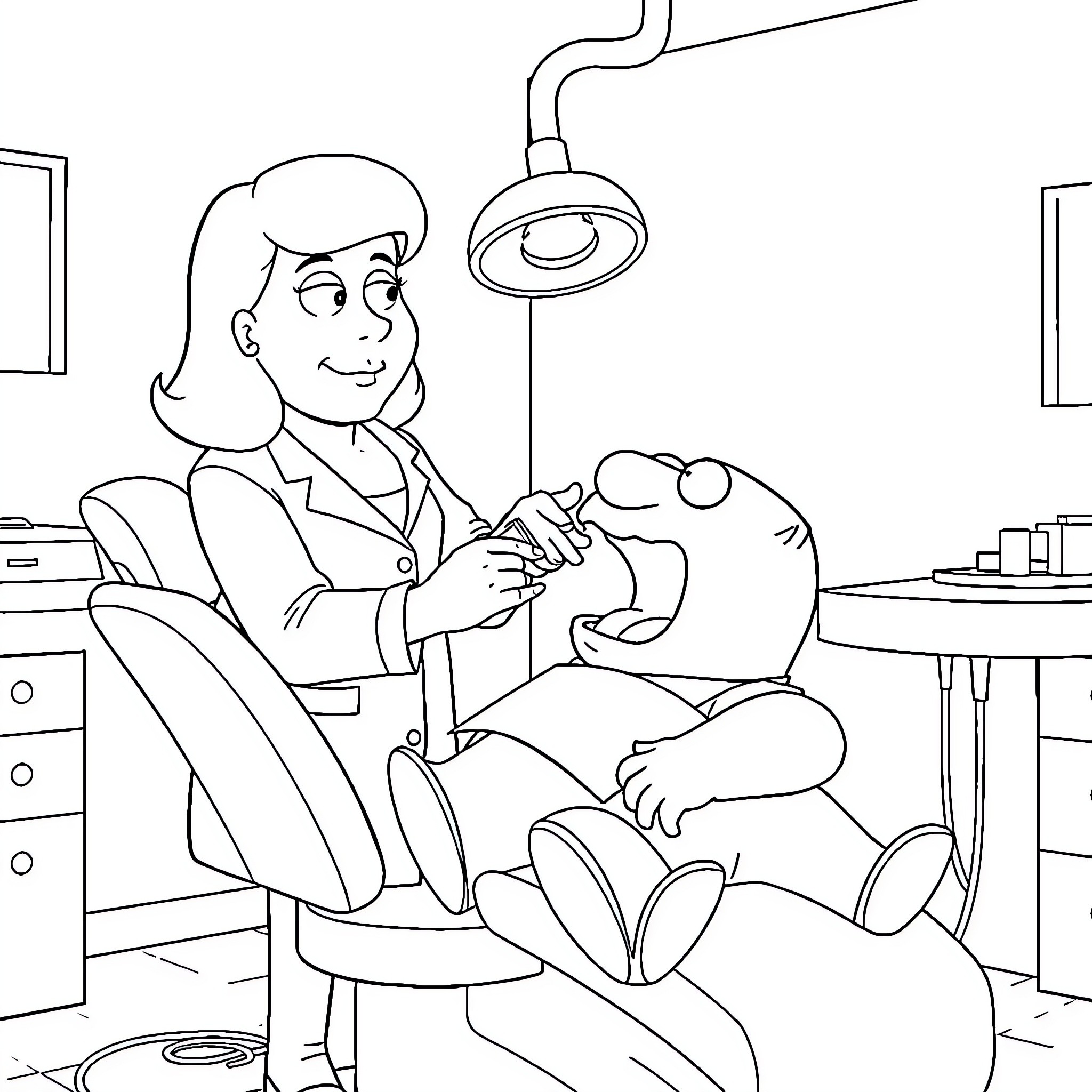 Lois Griffin at the dentist's office Coloring Page (free black-and-white line drawing printable PDF for all, from beginners to advanced learners, including children, teens, adults, and seniors)