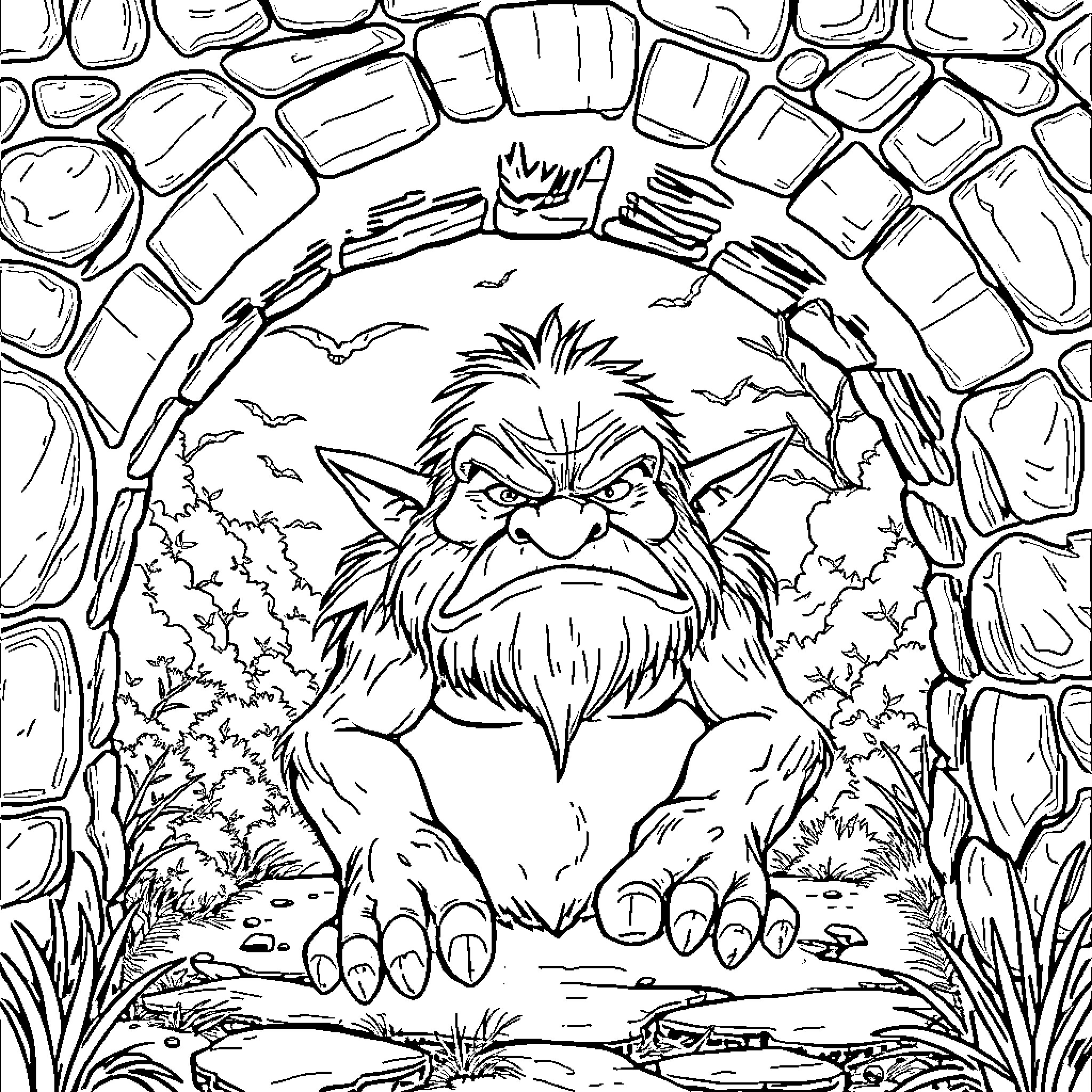 Troll surrounded by nature's wonders Coloring Page (free black-and-white line drawing printable PDF for all, from beginners to advanced learners, including children, teens, adults, and seniors)