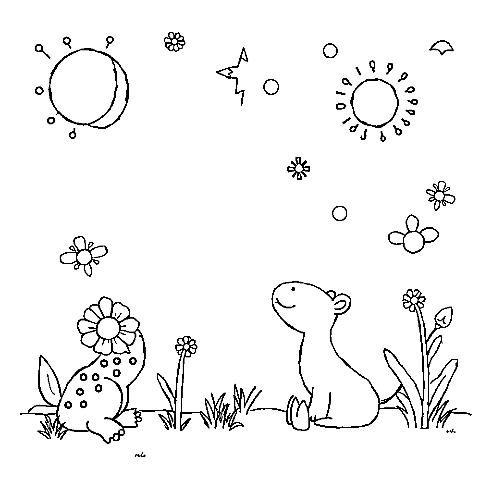Toddler playing with whimsical floral elements Coloring Page (free black-and-white line drawing printable PDF for all, from beginners to advanced learners, including children, teens, adults, and seniors)