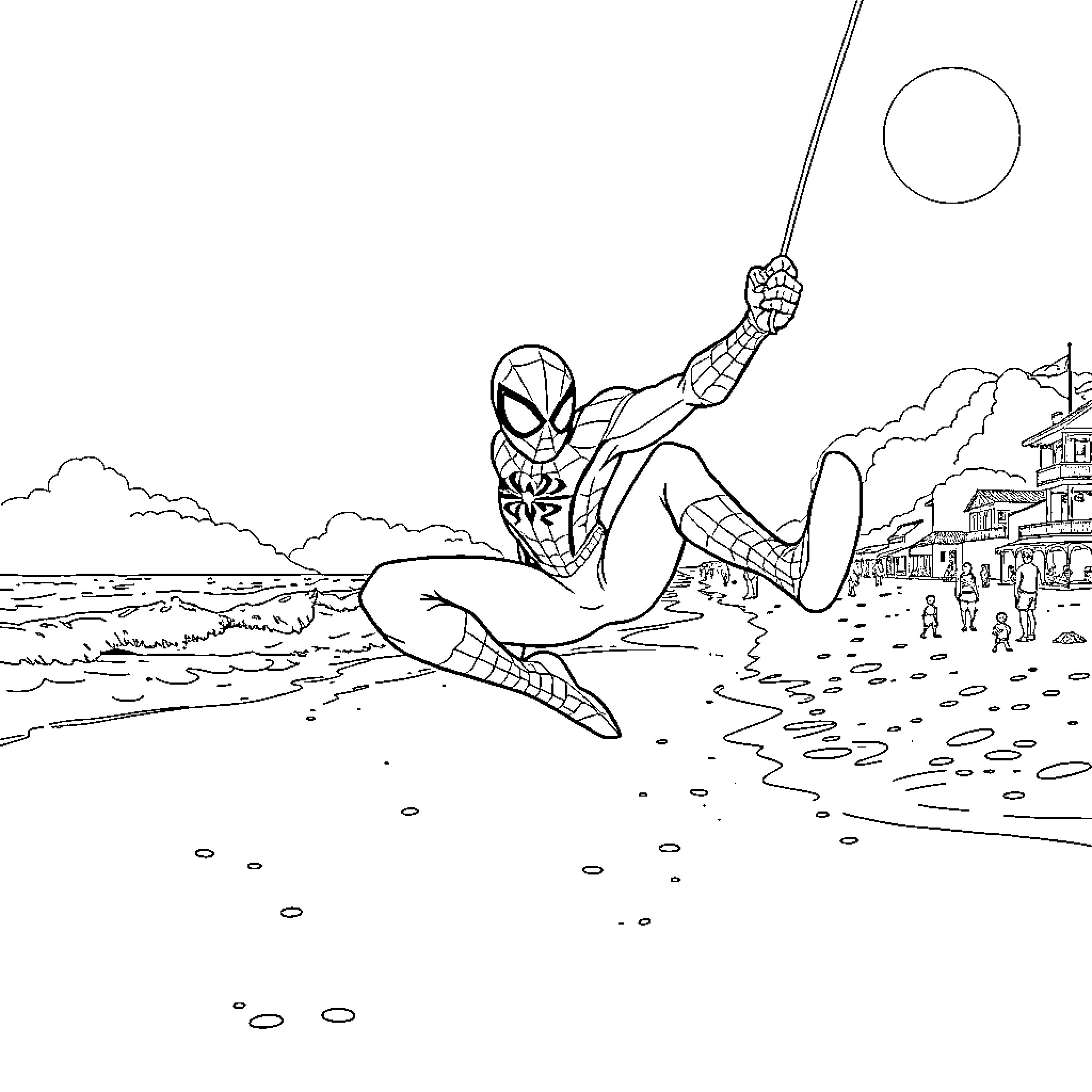 Spiderman swinging through the city in action Coloring Page (free black-and-white line drawing printable PDF for all, from beginners to advanced learners, including children, teens, adults, and seniors)