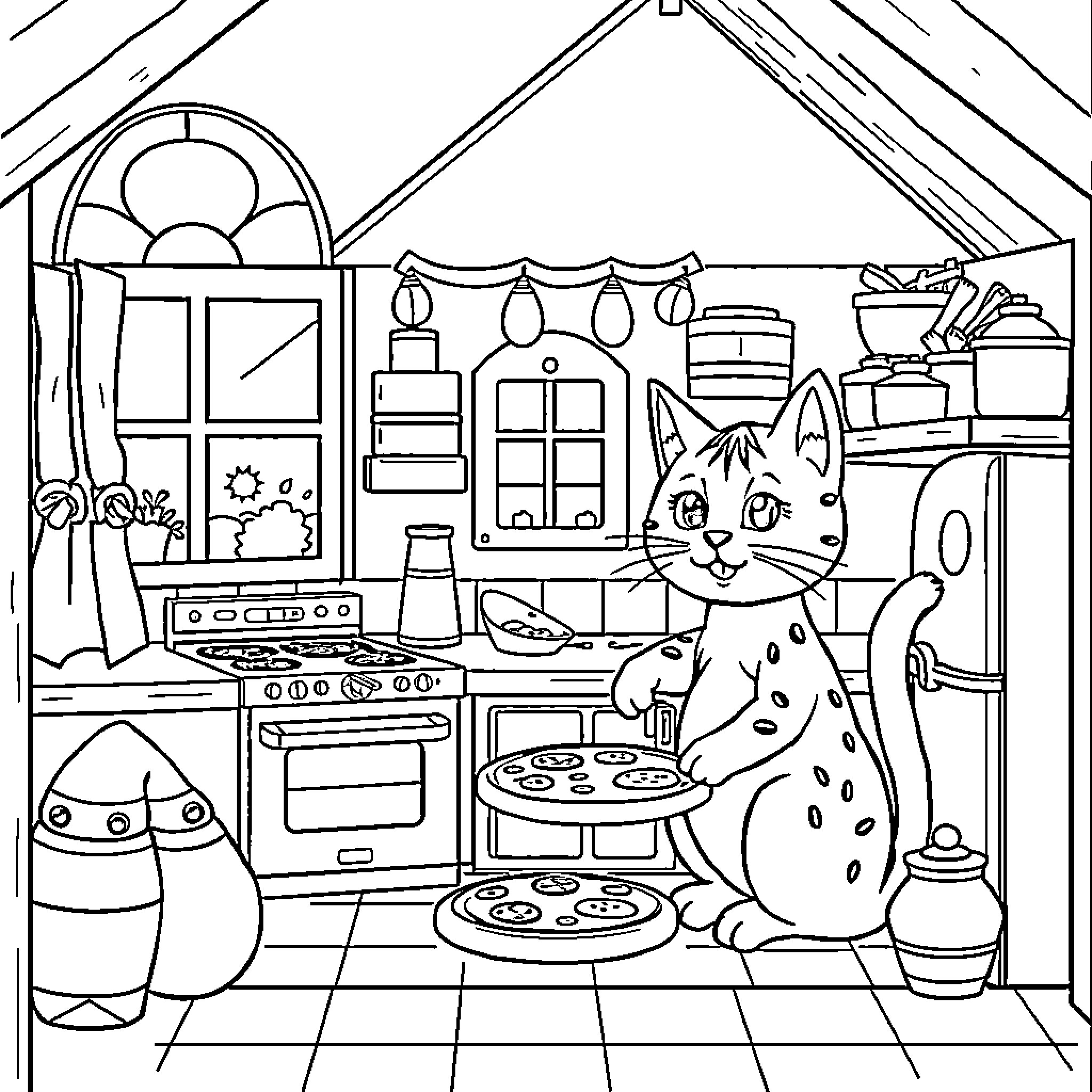 Gabby's Cozy Kitchen Adventure Coloring Page (free black-and-white line drawing printable PDF for all, from beginners to advanced learners, including children, teens, adults, and seniors)