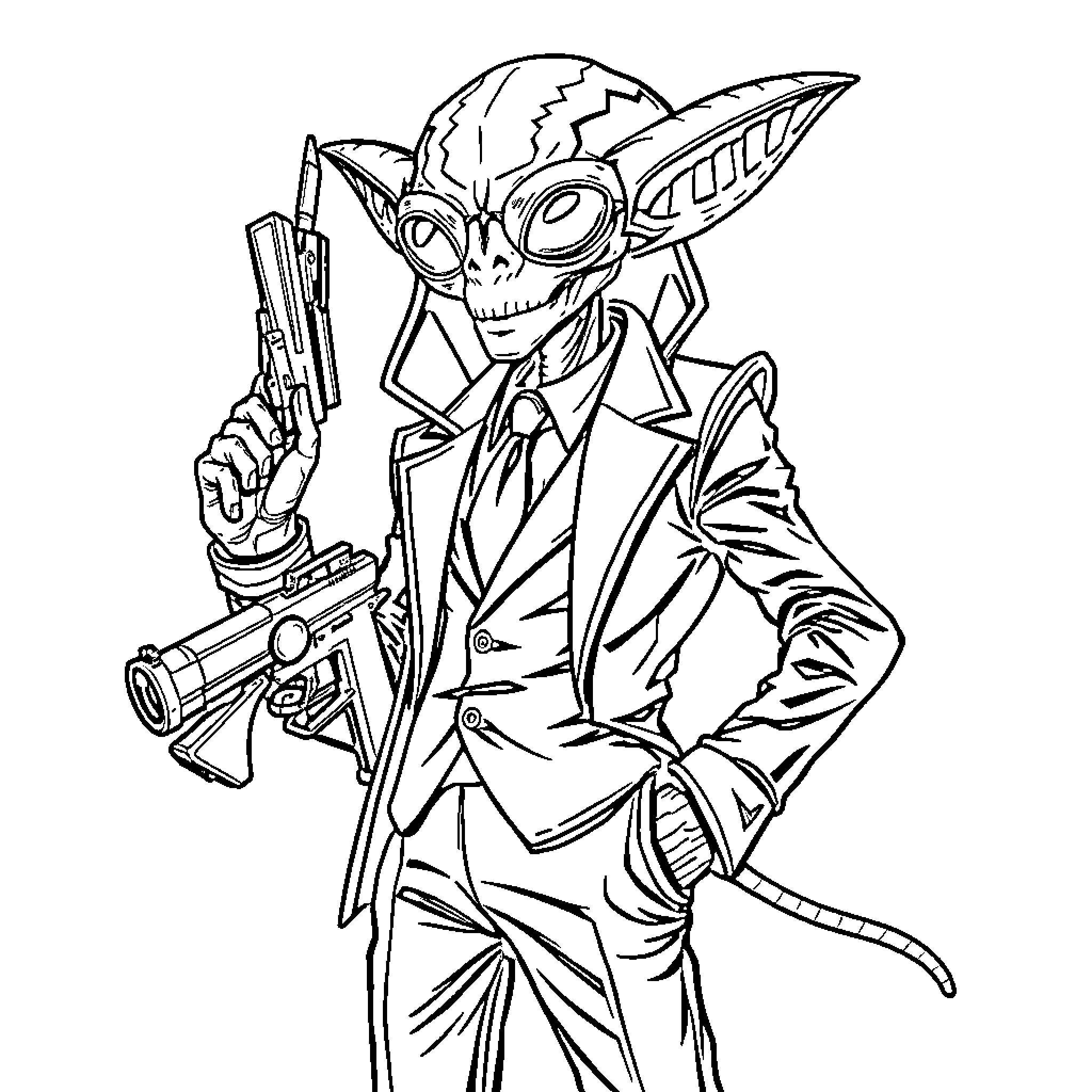 Alien secret agent with futuristic gadgets Coloring Page (free black-and-white line drawing printable PDF for all, from beginners to advanced learners, including children, teens, adults, and seniors)