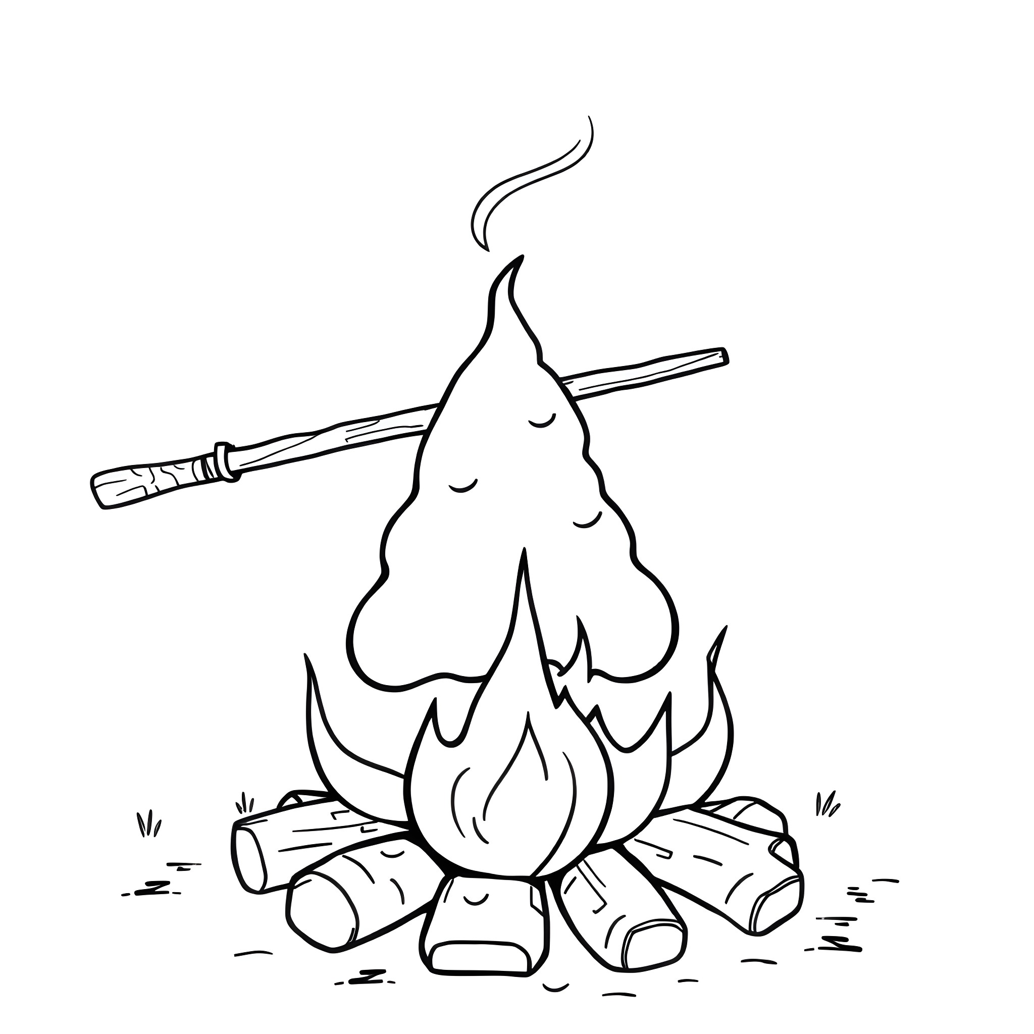Poop marshmallow roasting over campfire Coloring Page (free black-and-white line drawing printable PDF for all, from beginners to advanced learners, including children, teens, adults, and seniors)