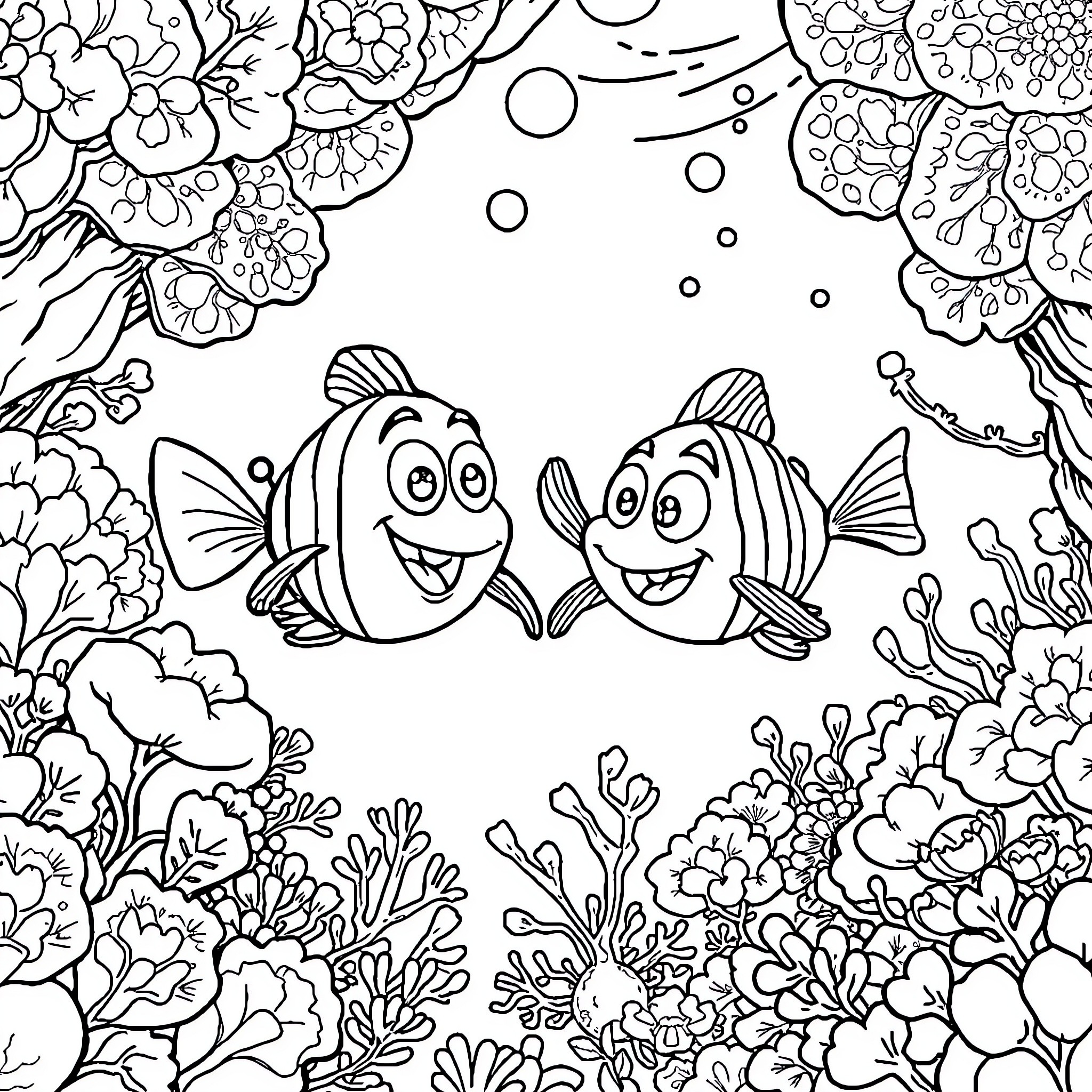 SpongeBob and Patrick in an underwater floral scene Coloring Page (free black-and-white line drawing printable PDF for all, from beginners to advanced learners, including children, teens, adults, and seniors)