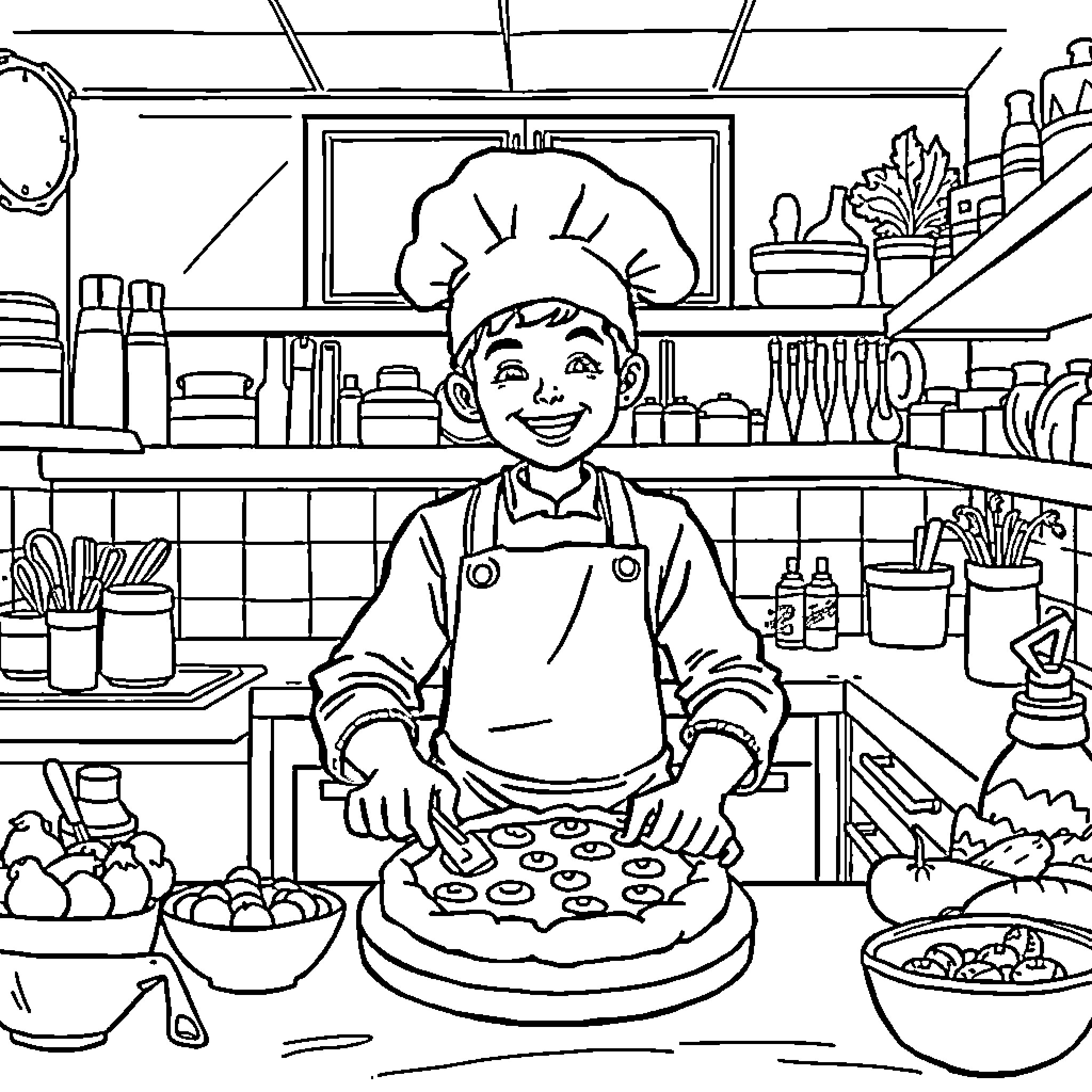 Student Chef Preparing Delicious Meal in Kitchen Coloring Page (free black-and-white line drawing printable PDF for all, from beginners to advanced learners, including children, teens, adults, and seniors)