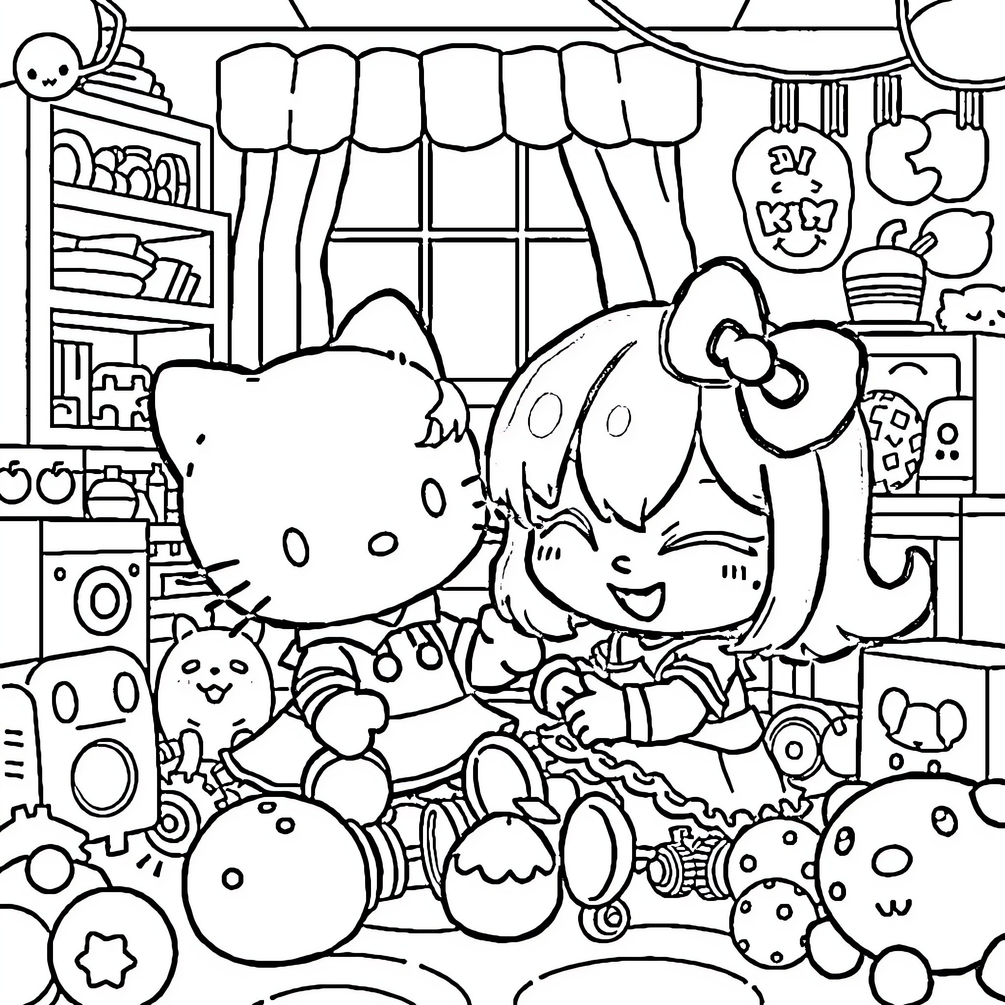 Kuromi's Playful Adventure in the Craft Room Coloring Page (free black-and-white line drawing printable PDF for all, from beginners to advanced learners, including children, teens, adults, and seniors)