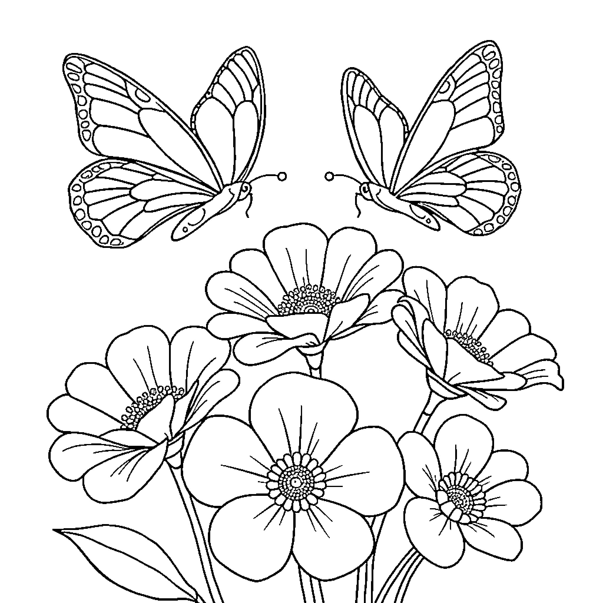 Butterfly flowers and butterflies in nature Coloring Page (free black-and-white line drawing printable PDF for all, from beginners to advanced learners, including children, teens, adults, and seniors)