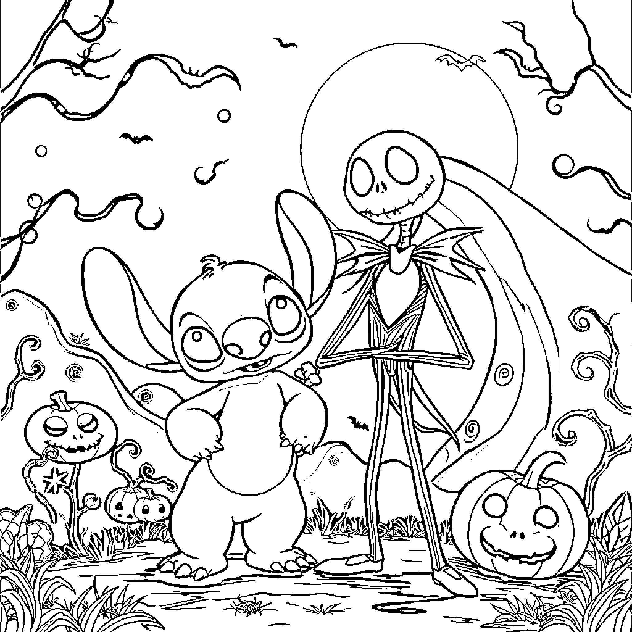 Stitch's Spooky Halloween Adventure Coloring Page (free black-and-white line drawing printable PDF for all, from beginners to advanced learners, including children, teens, adults, and seniors)