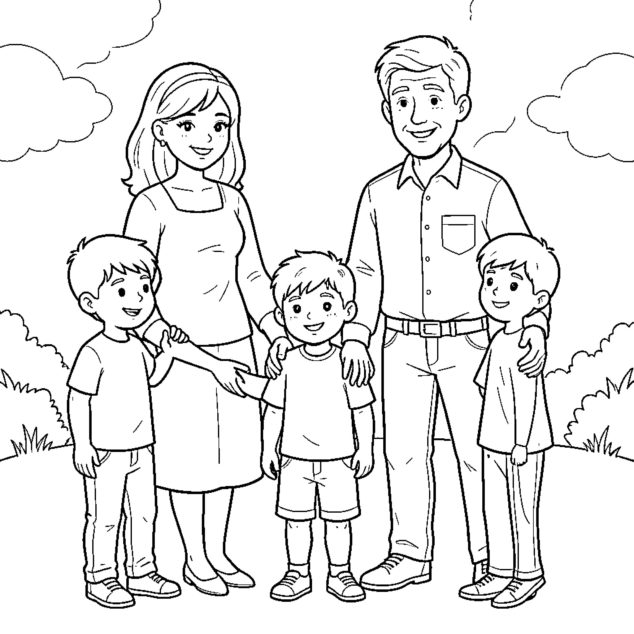 Family smiling together in a beautiful outdoor setting Coloring Page (free black-and-white line drawing printable PDF for all, from beginners to advanced learners, including children, teens, adults, and seniors)