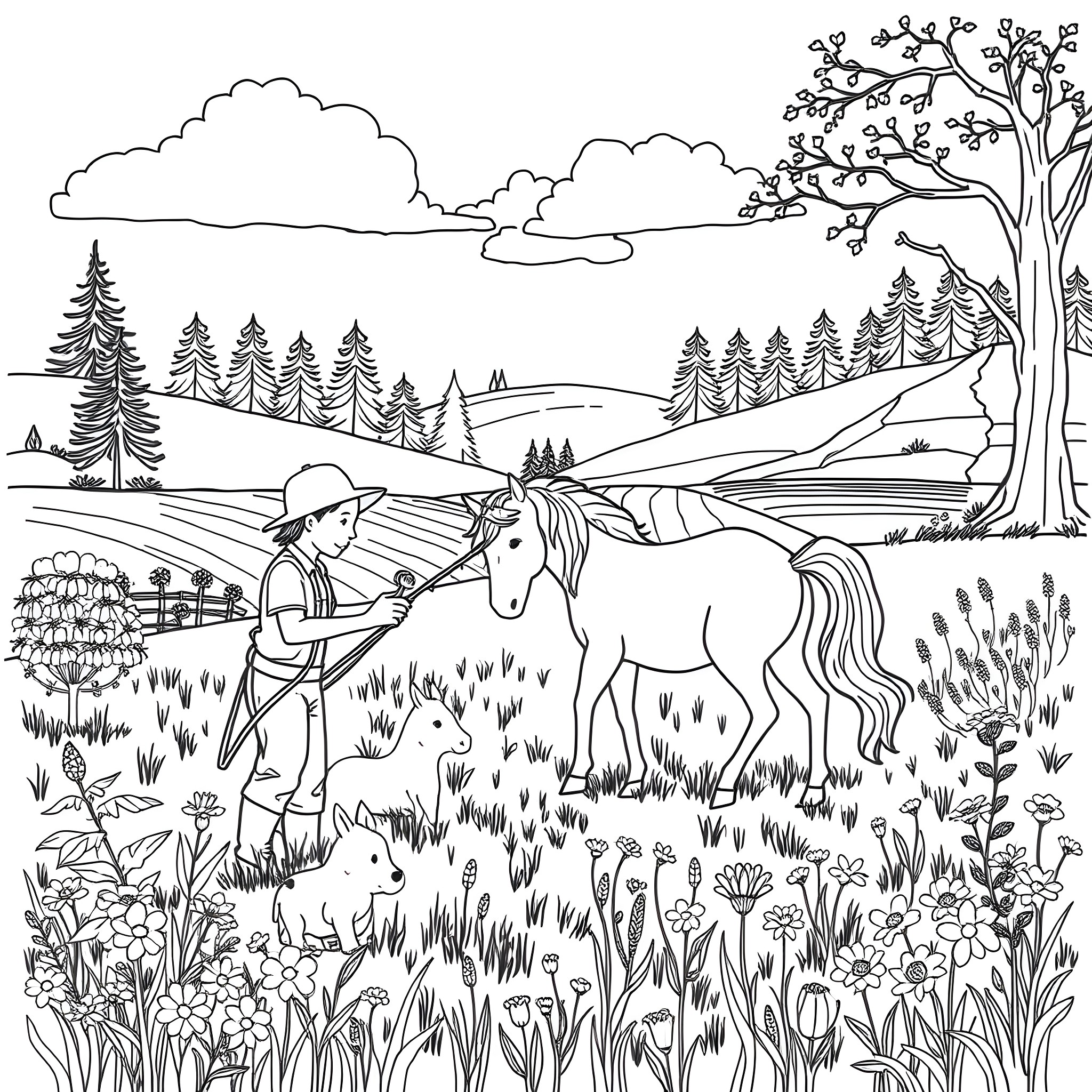 Unicorn grazing peacefully in a serene countryside Coloring Page (free black-and-white line drawing printable PDF for all, from beginners to advanced learners, including children, teens, adults, and seniors)