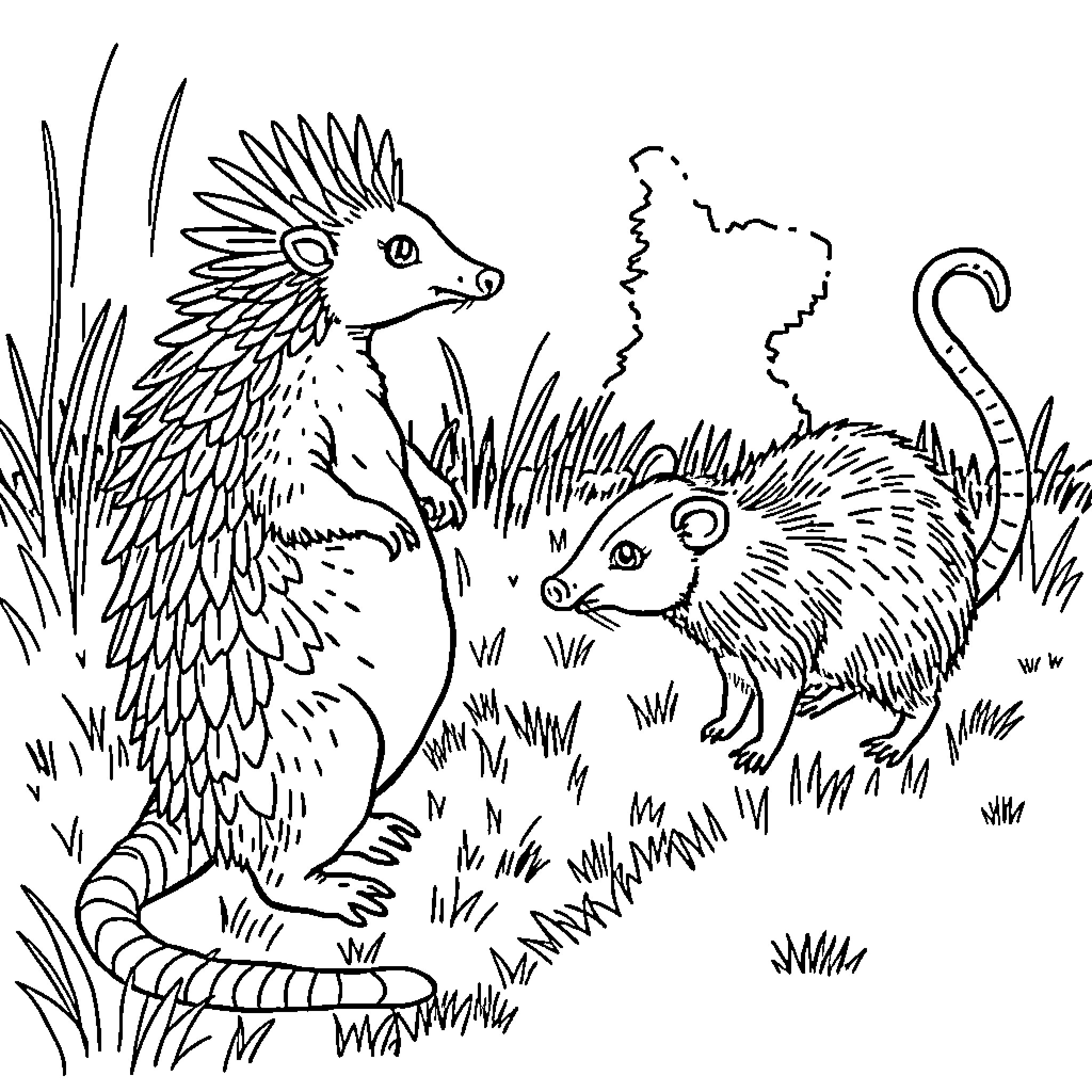 Armadillo pair exploring the grassland Coloring Page (free black-and-white line drawing printable PDF for all, from beginners to advanced learners, including children, teens, adults, and seniors)