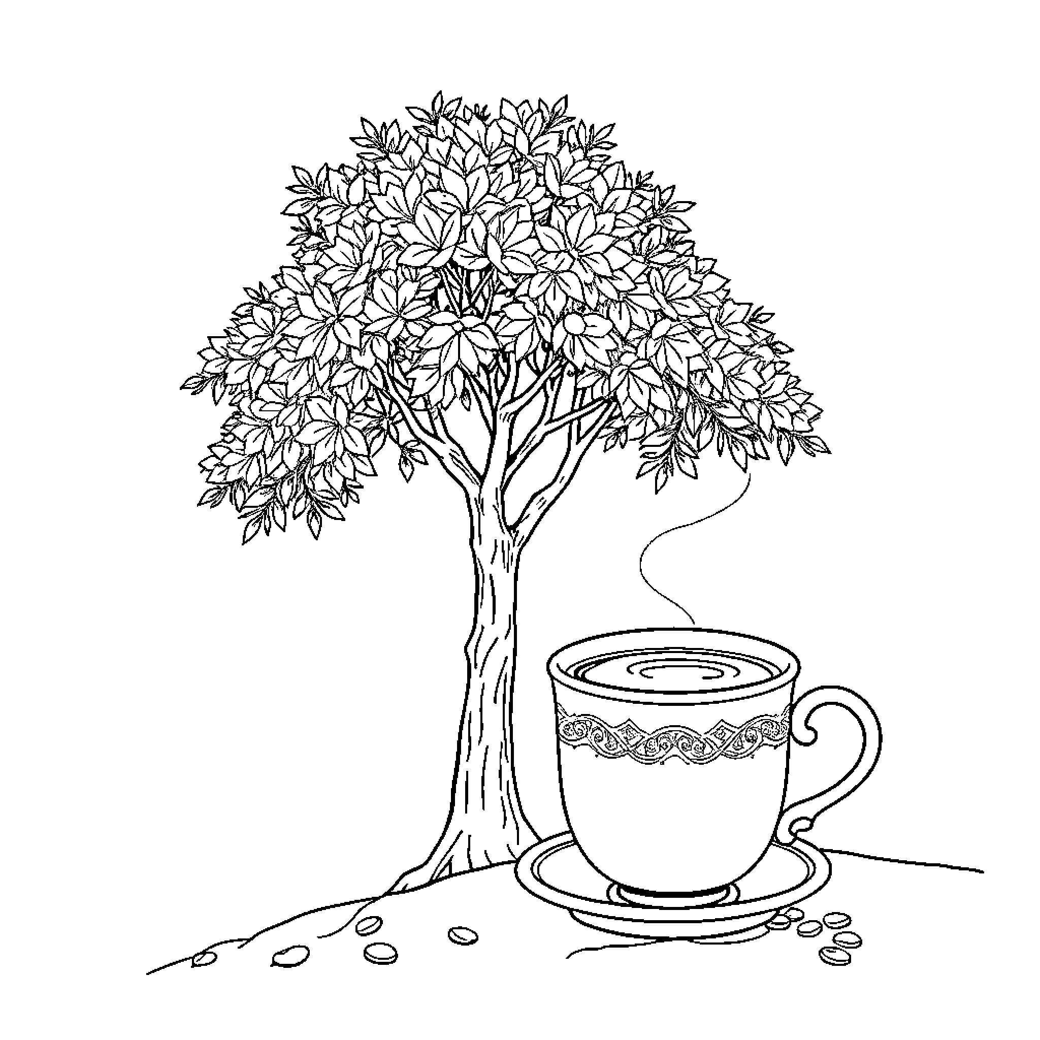 Tree with Blooming Flowers and Tea Cup Coloring Page (free black-and-white line drawing printable PDF for all, from beginners to advanced learners, including children, teens, adults, and seniors)