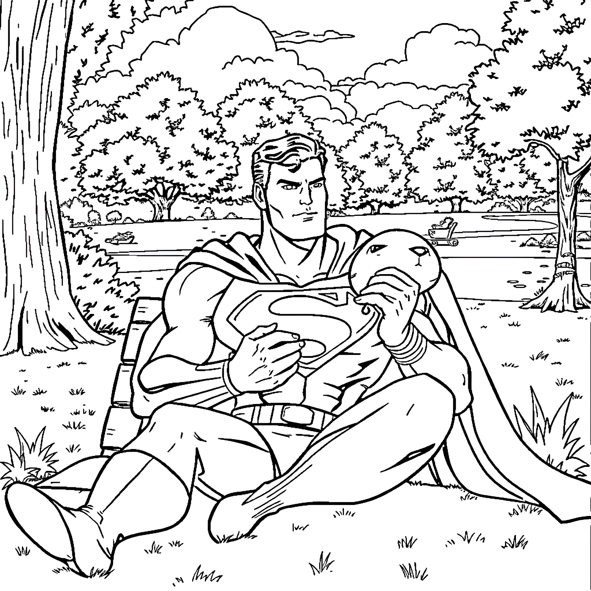 Superman resting in nature's serene landscape Coloring Page (free black-and-white line drawing printable PDF for all, from beginners to advanced learners, including children, teens, adults, and seniors)