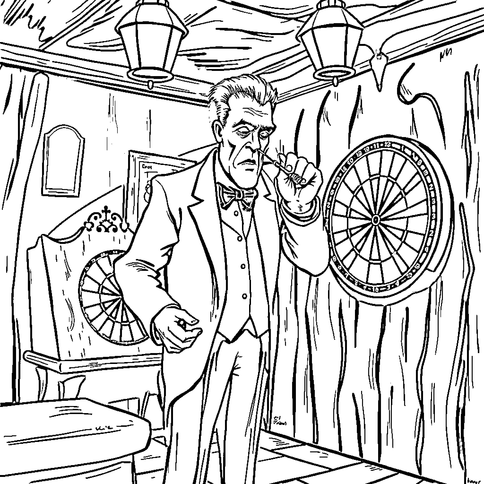 Herman Munster playing darts in his spooky home Coloring Page (free black-and-white line drawing printable PDF for all, from beginners to advanced learners, including children, teens, adults, and seniors)