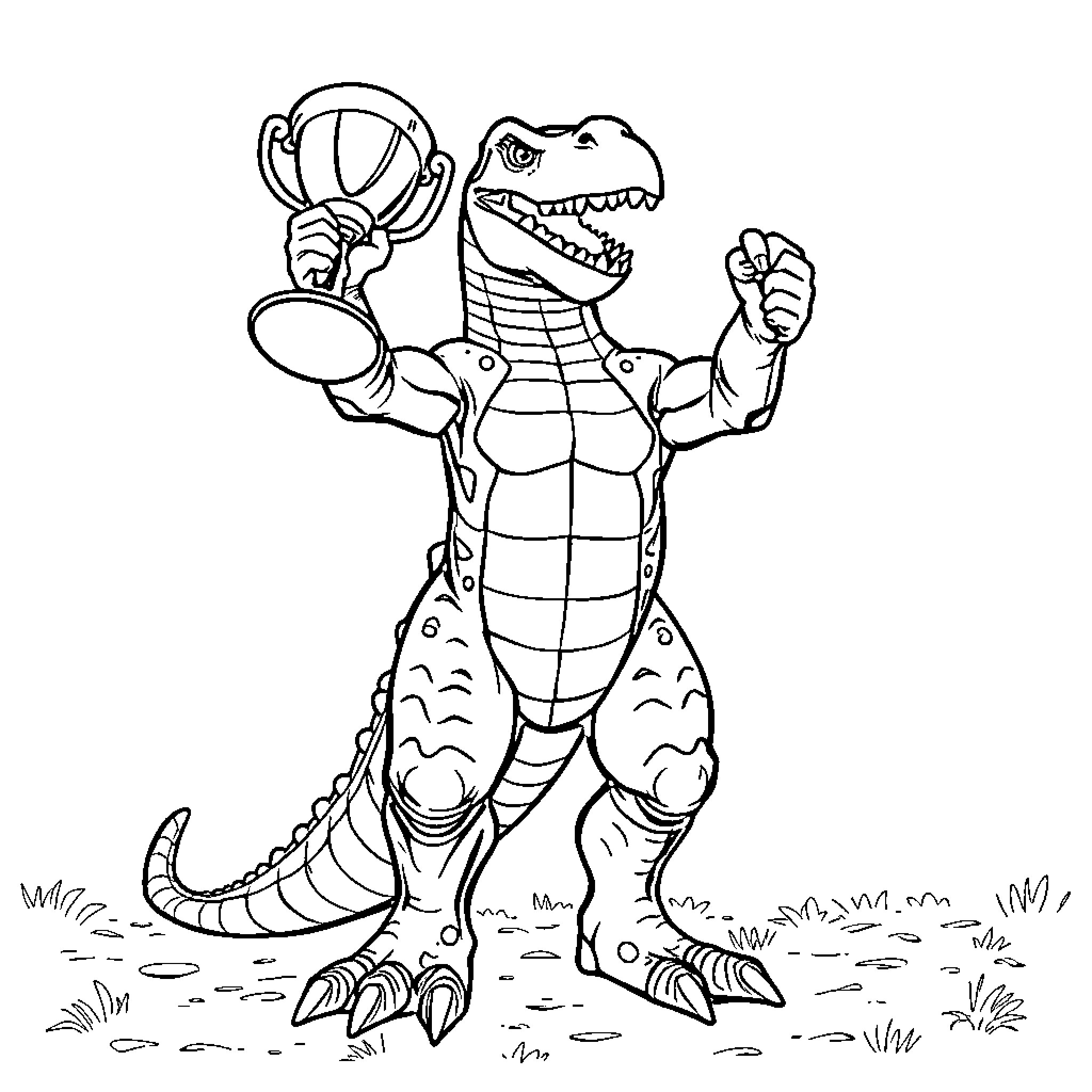 Megawrex wins the trophy Coloring Page (free black-and-white line drawing printable PDF for all, from beginners to advanced learners, including children, teens, adults, and seniors)