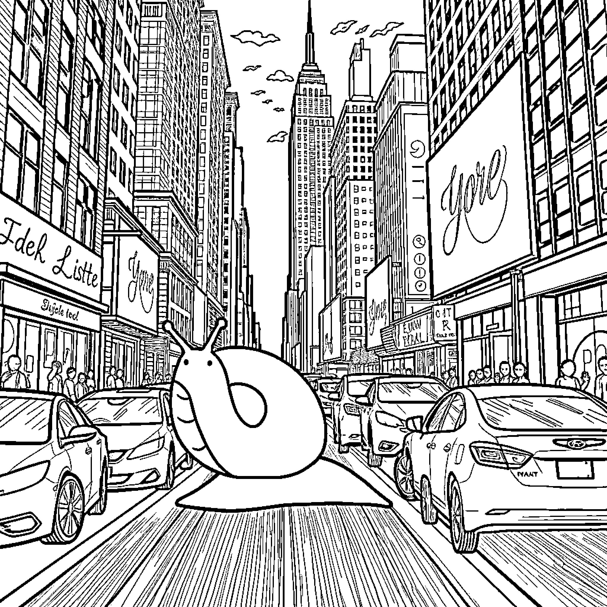 Snail exploring the bustling city streets Coloring Page (free black-and-white line drawing printable PDF for all, from beginners to advanced learners, including children, teens, adults, and seniors)