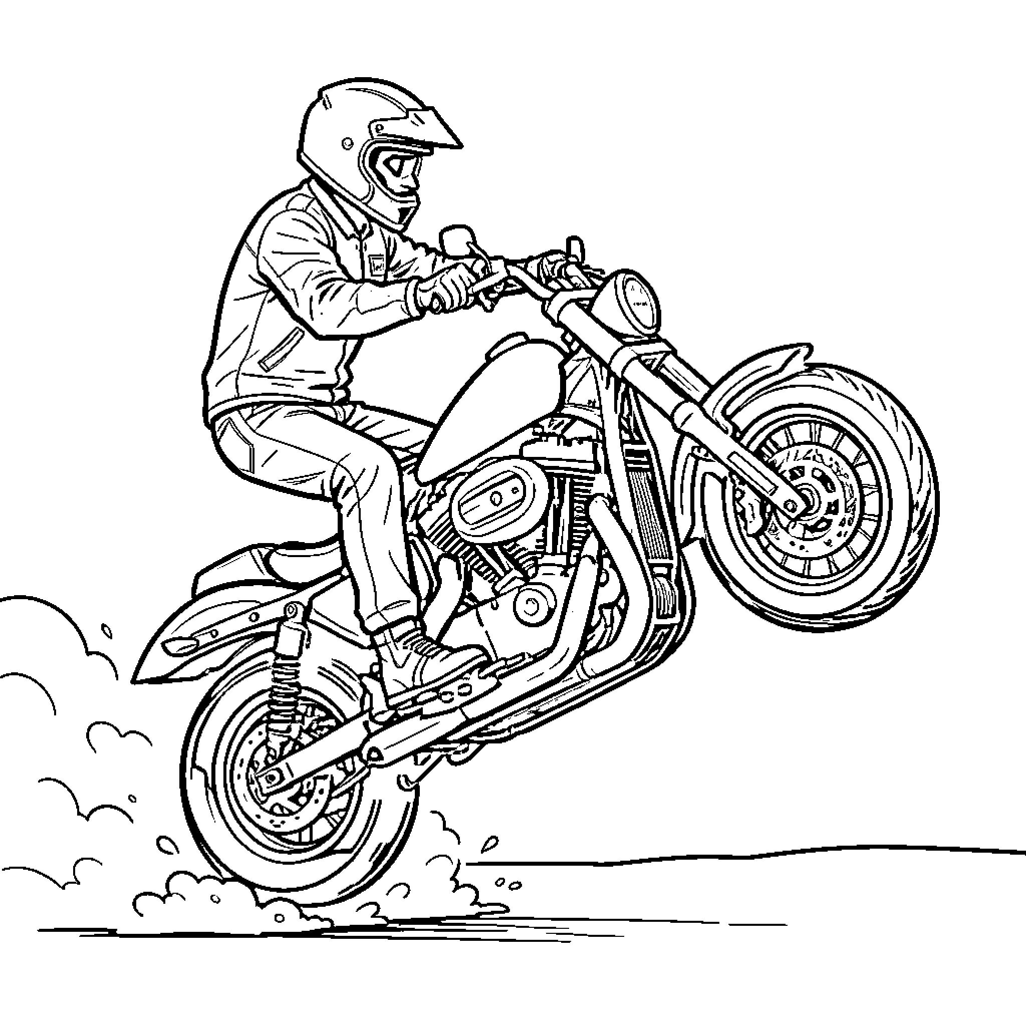 Harley speeding on motorcycle across rugged terrain Coloring Page (free black-and-white line drawing printable PDF for all, from beginners to advanced learners, including children, teens, adults, and seniors)