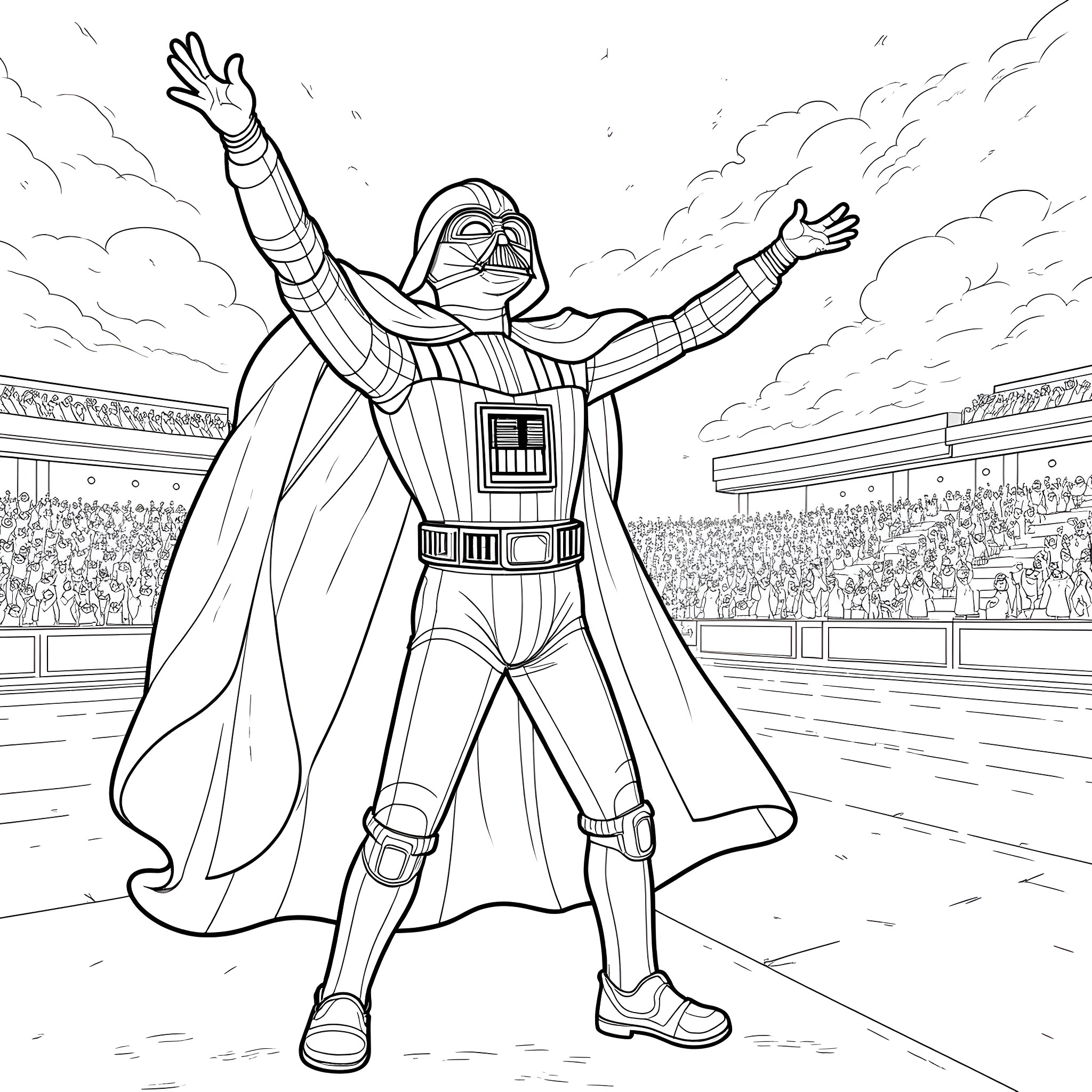Darth Vader in a triumphant pose on the field Coloring Page (free black-and-white line drawing printable PDF for all, from beginners to advanced learners, including children, teens, adults, and seniors)