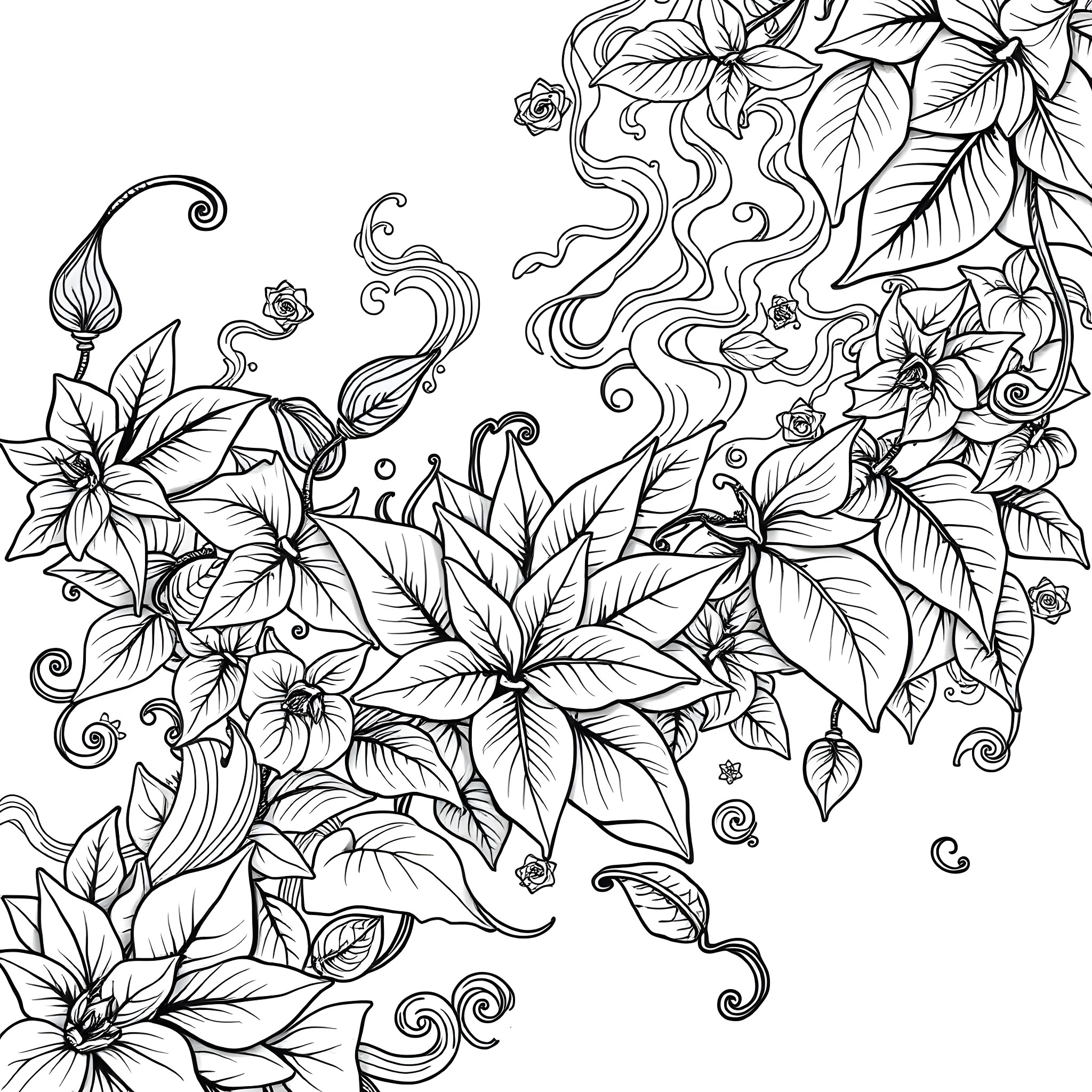 Weed dream - Abstract floral patterns and leaves Coloring Page (free black-and-white line drawing printable PDF for all, from beginners to advanced learners, including children, teens, adults, and seniors)